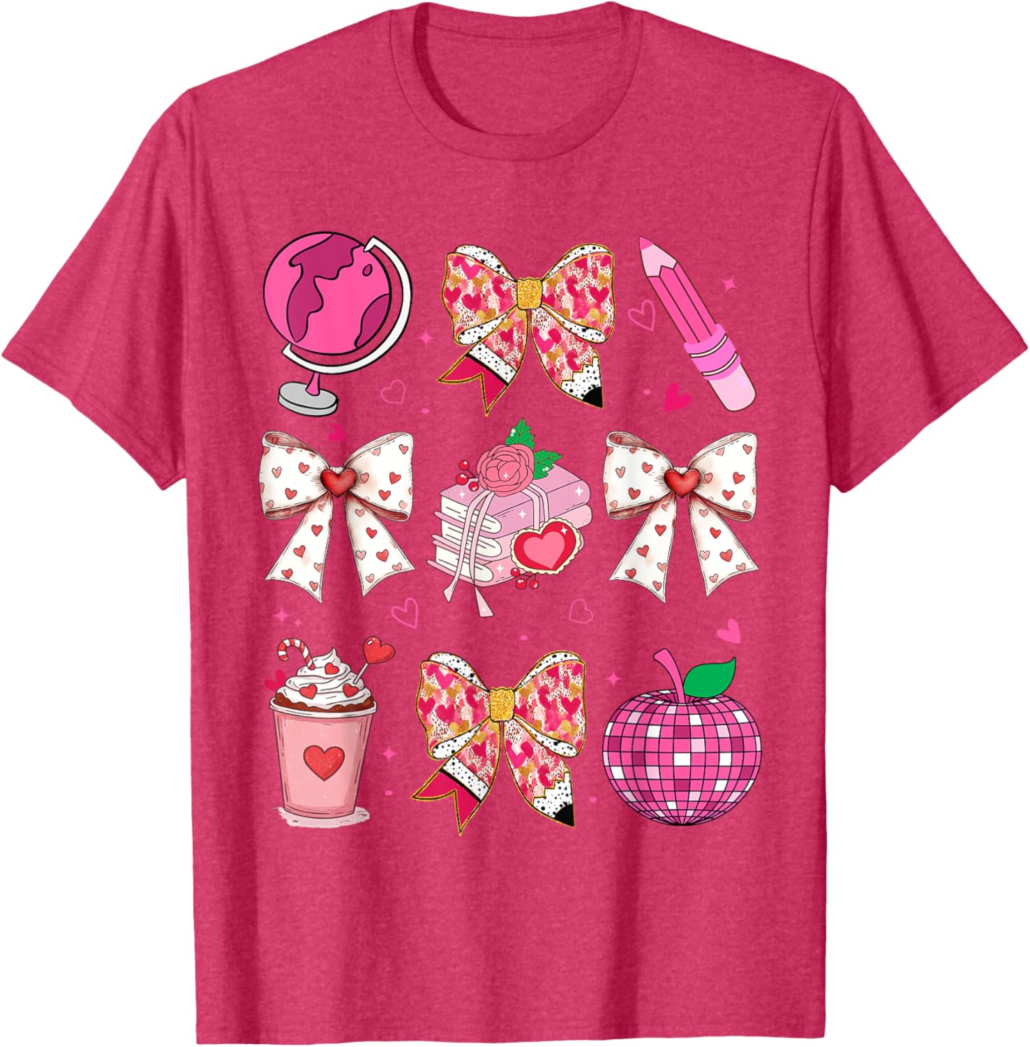 Valentine's Day Heart Bow T-Shirt for Teachers with Disco Ball Charm - 6