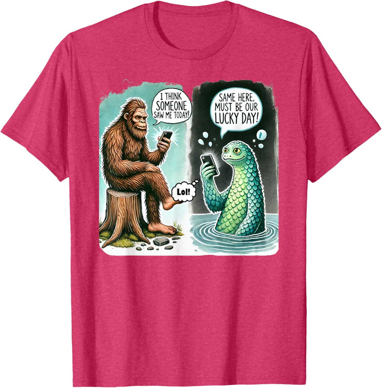 Funny Bigfoot Texting Nessie T-Shirt - I Think Someone Saw Me Today - 8