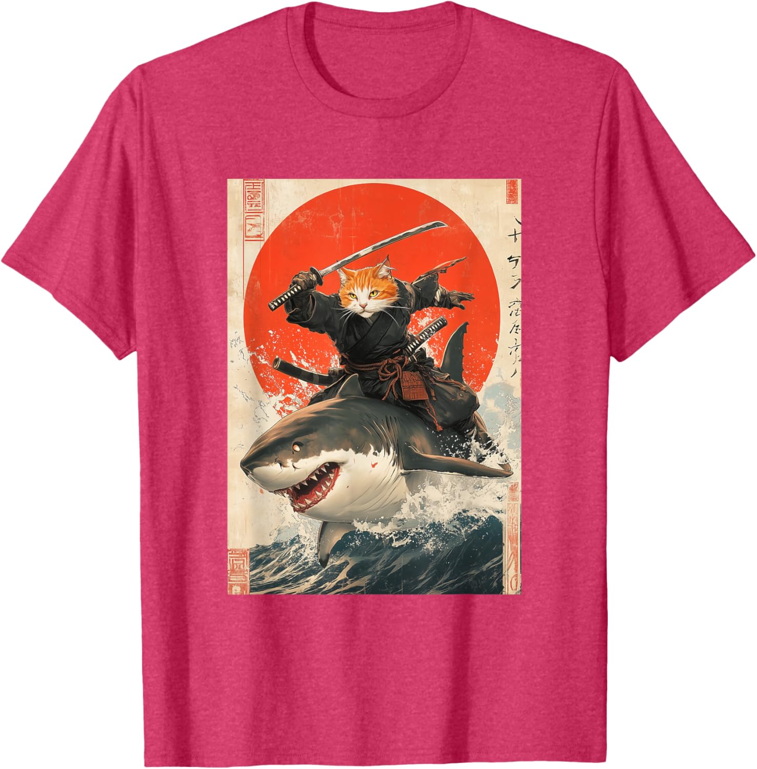Ninja Cat Riding Shark Graphic Tee Cute Japanese Style T-Shirt for Cat Lovers - 3