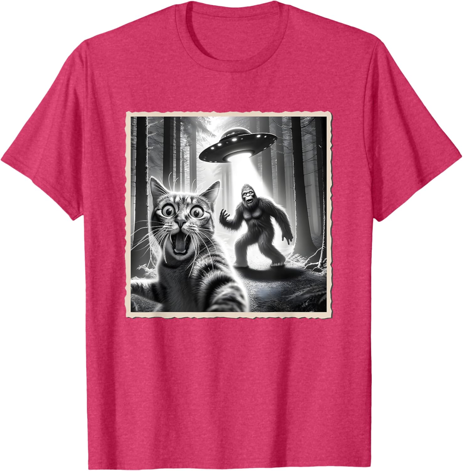 Funny Cat Selfie with Bigfoot and UFO T-Shirt for Animal Lovers - 13