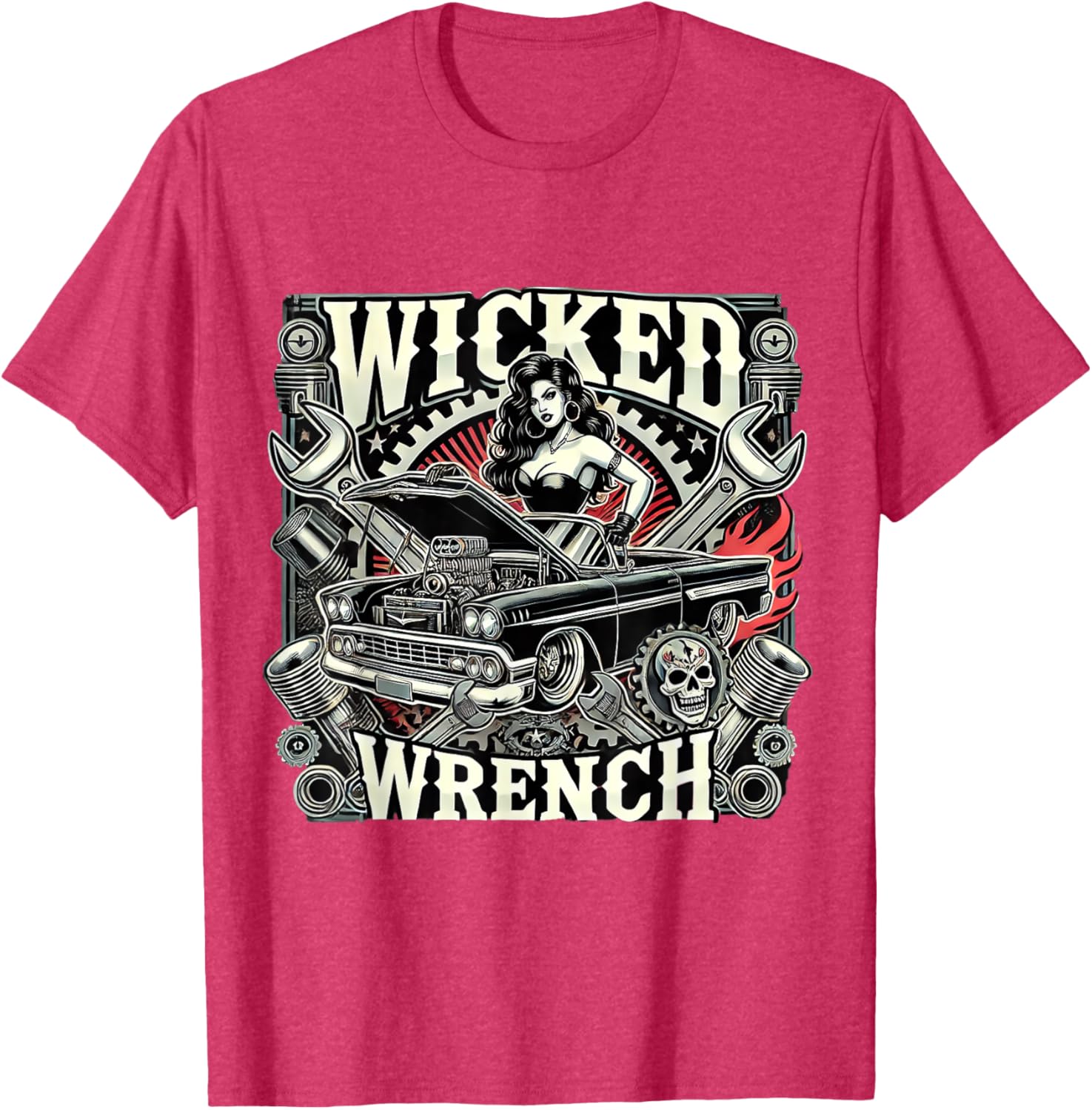 Hot Rod Wrench Lady Flames Pistons T-Shirt for Car Enthusiasts - 12
