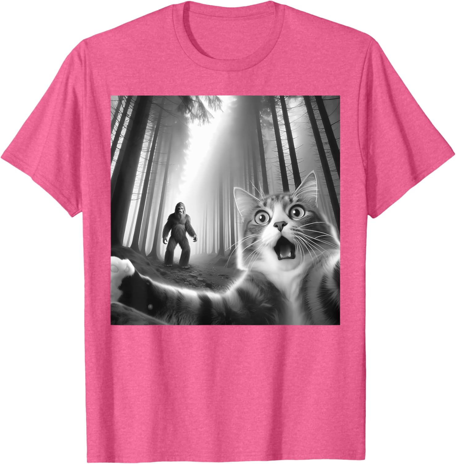 Funny Scared Cat Bigfoot Selfie T-Shirt for Men, Women, and Kids - 17