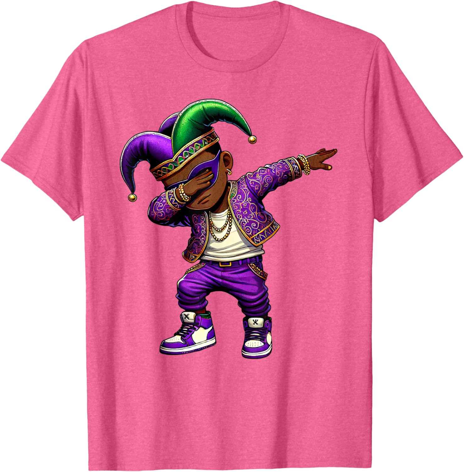 Funny Mardi Gras Jester Hat T-Shirt for Black Kids - Dabbing Boy Design - 26