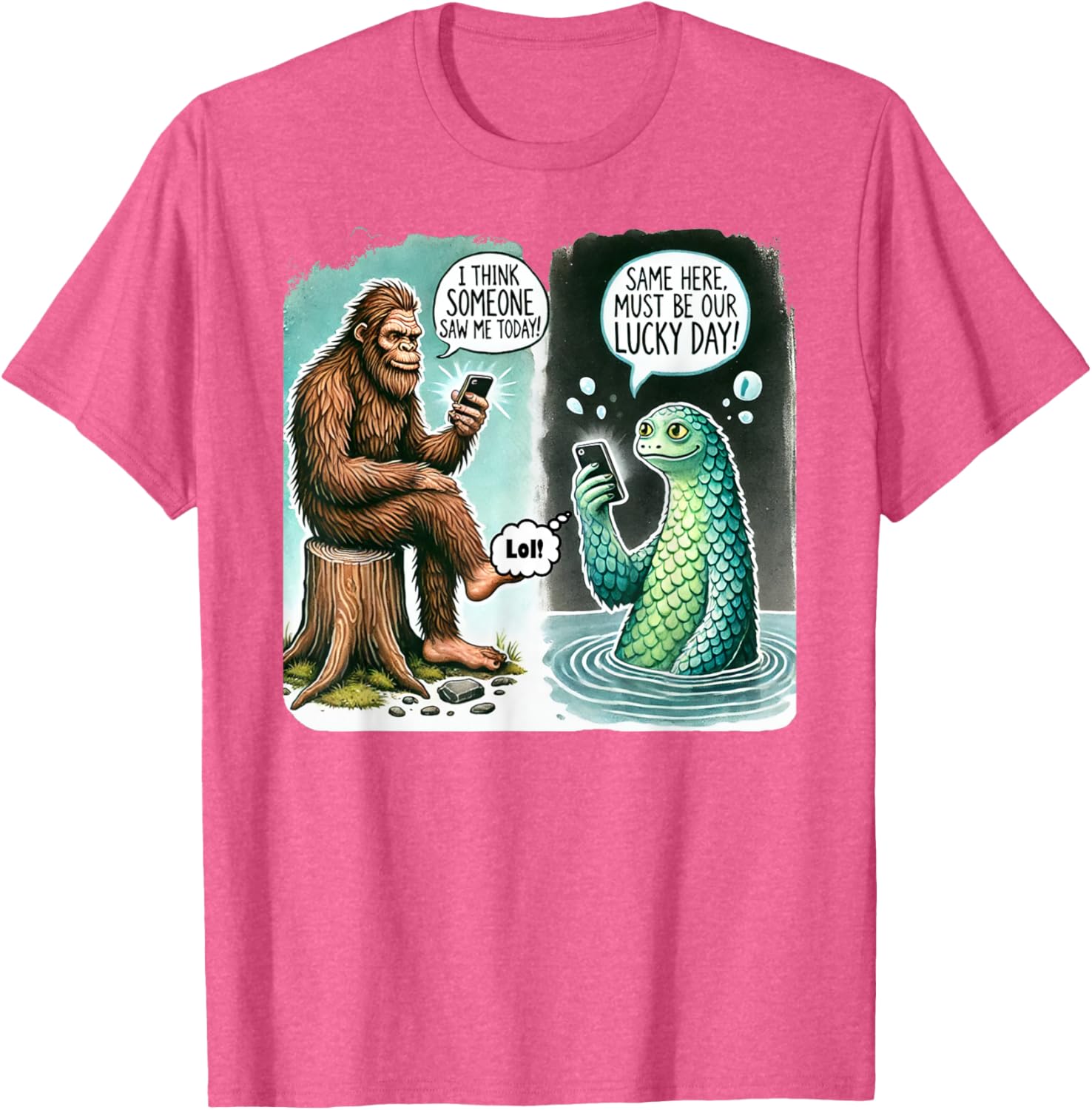 Funny Bigfoot Texting Nessie T-Shirt - I Think Someone Saw Me Today - 11
