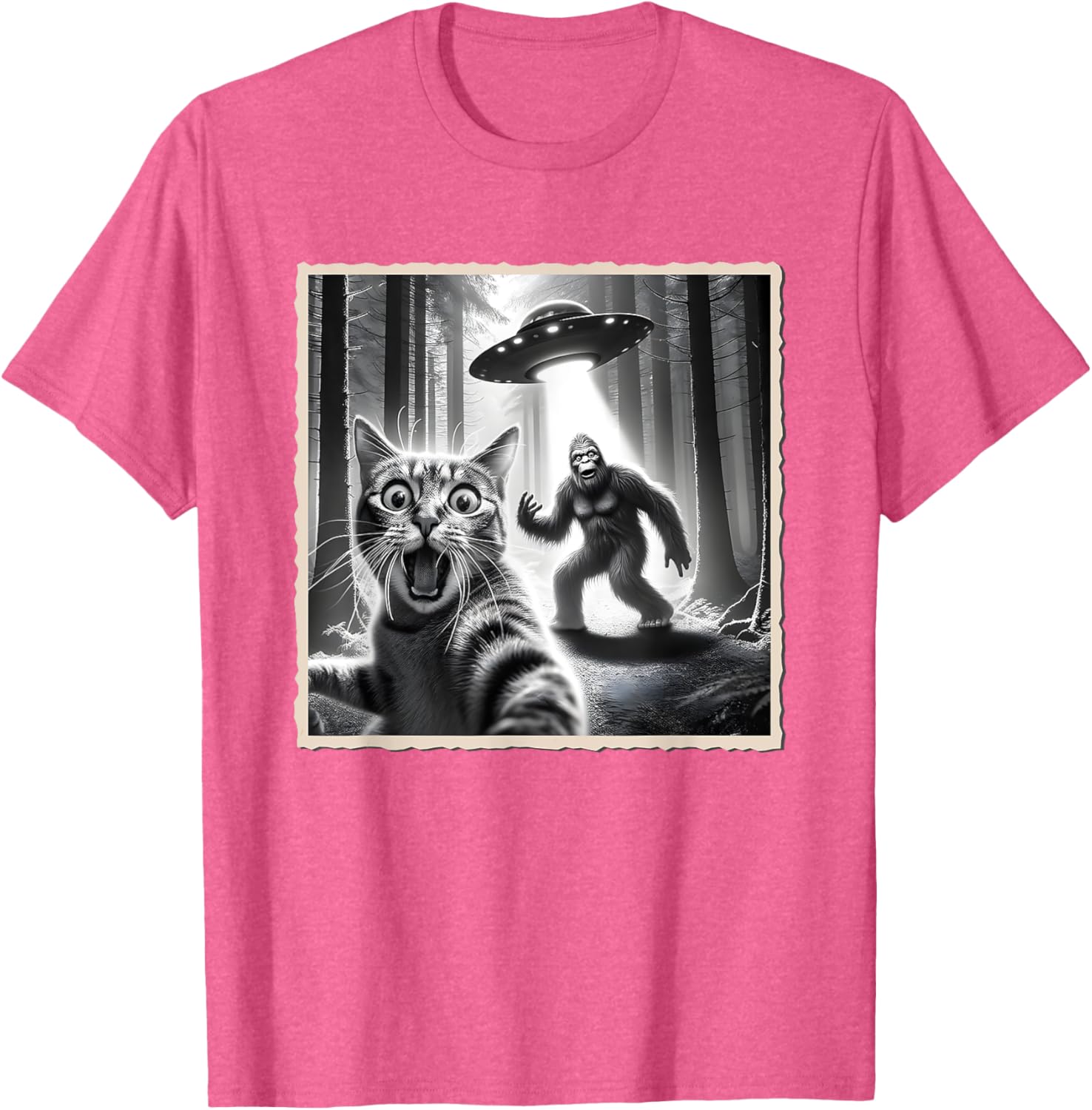 Funny Cat Selfie with Bigfoot and UFO T-Shirt for Animal Lovers - 9