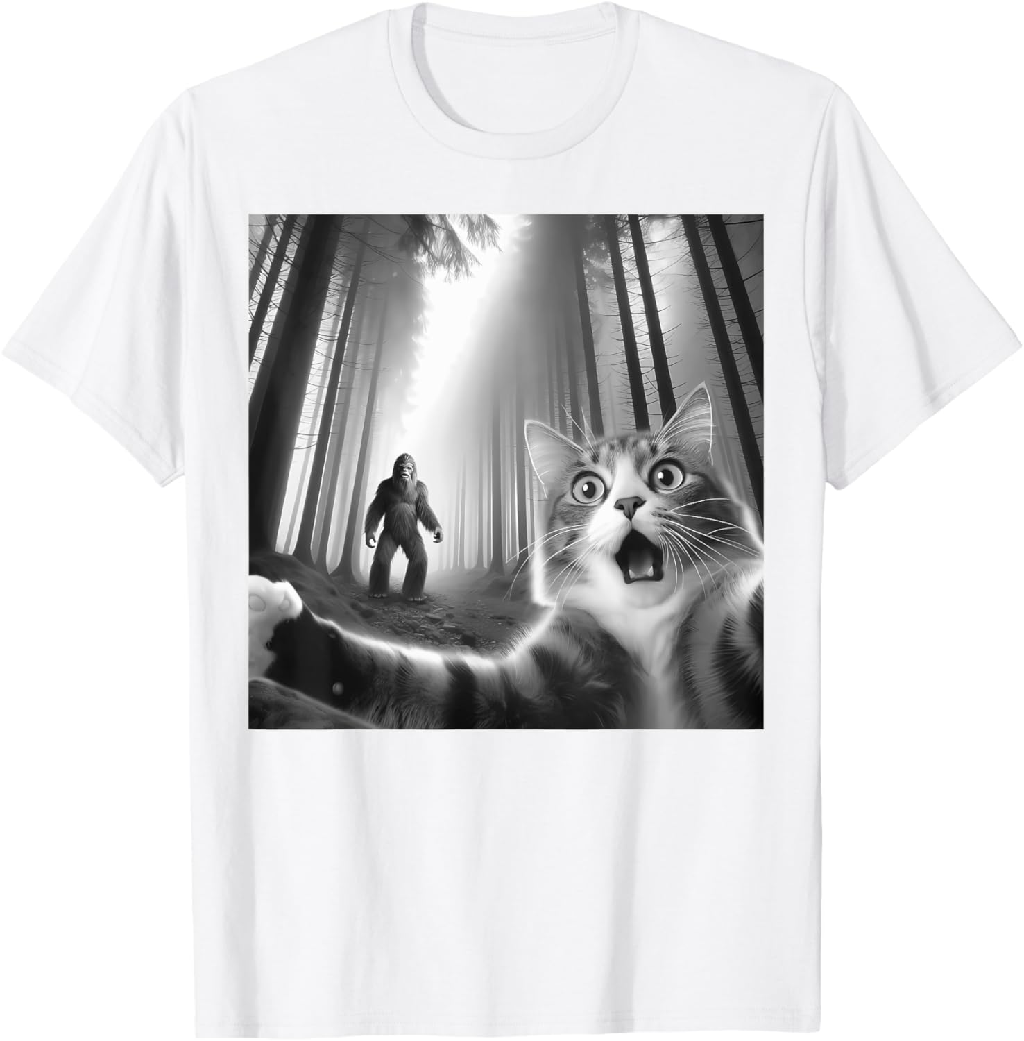 Funny Scared Cat Bigfoot Selfie T-Shirt for Men, Women, and Kids - 3