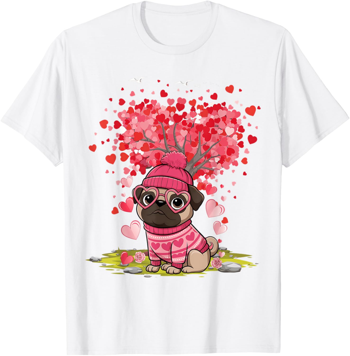 Pug Heart Tree Tee - Adorable Dog Lover Valentine's Day T-Shirt - 4