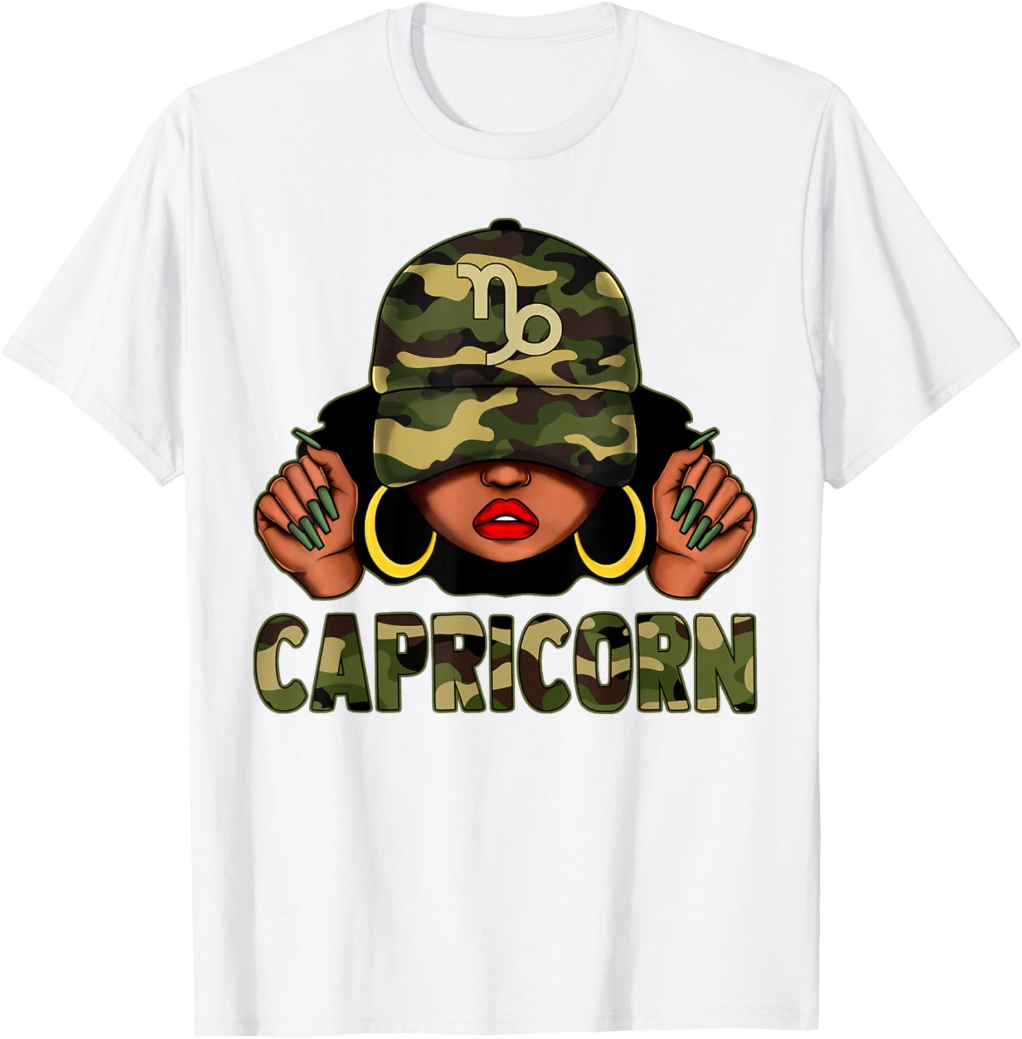 Capricorn Queen Black Woman with Camo Cap Afro Zodiac T-Shirt - 12