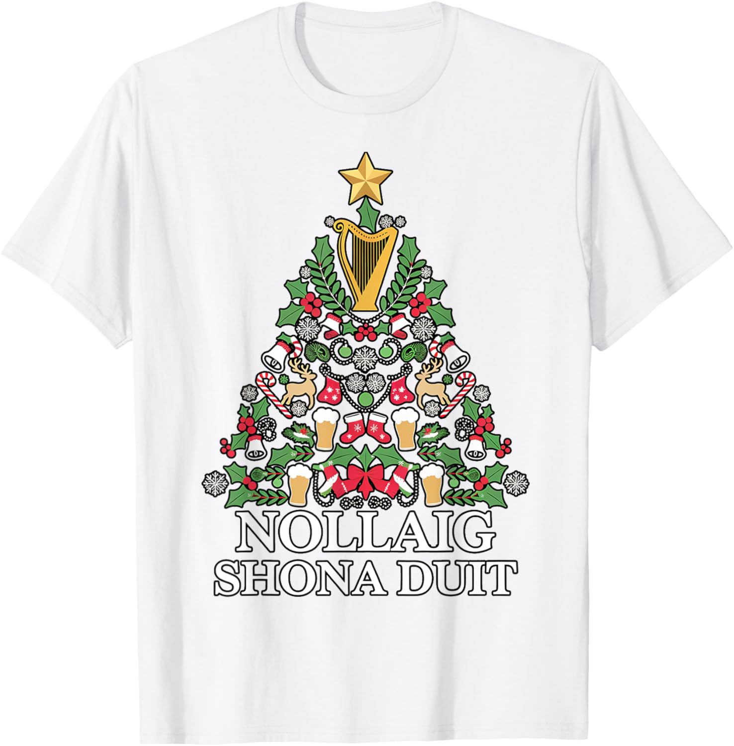 Irish Christmas Tree Nollaig Shona Duit Holiday Art T-Shirt for Festive Cheer - 15