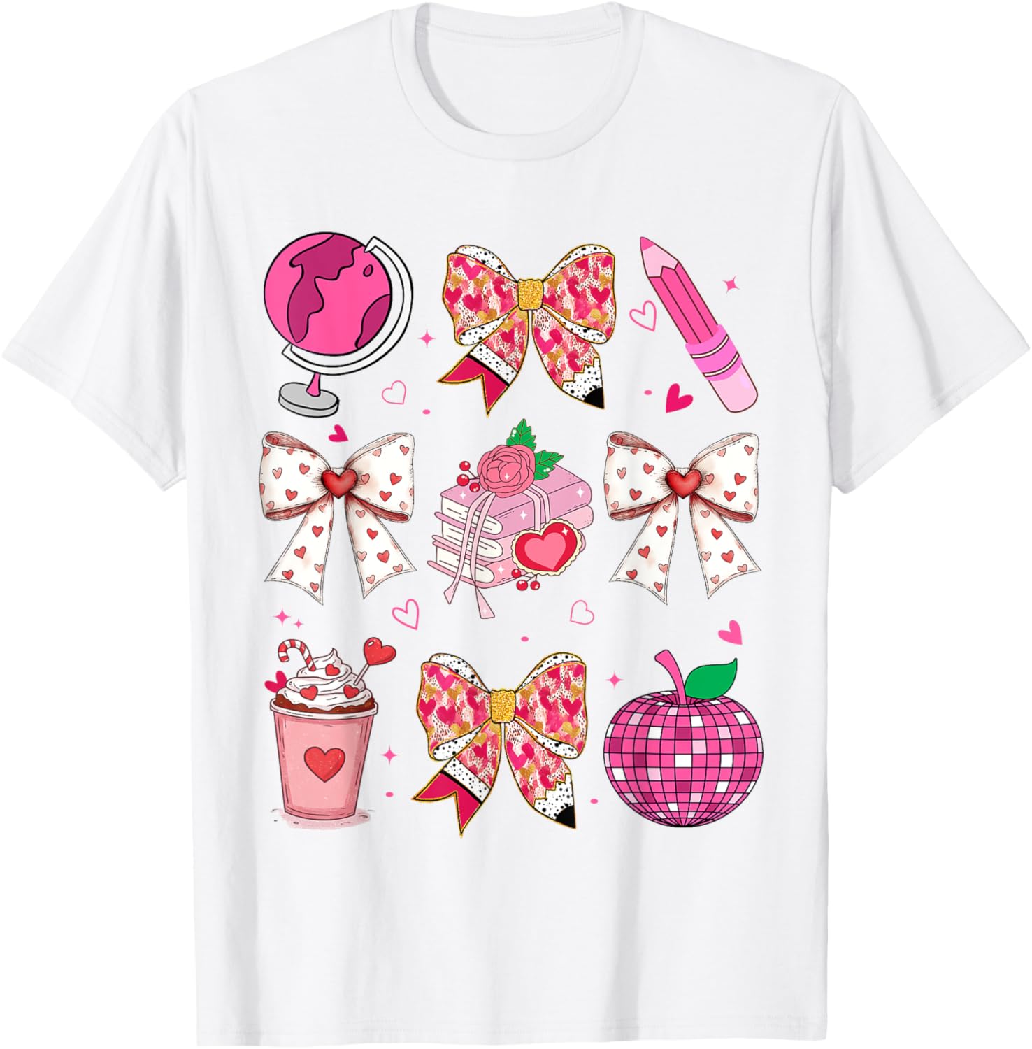 Valentine's Day Heart Bow T-Shirt for Teachers with Disco Ball Charm - 2