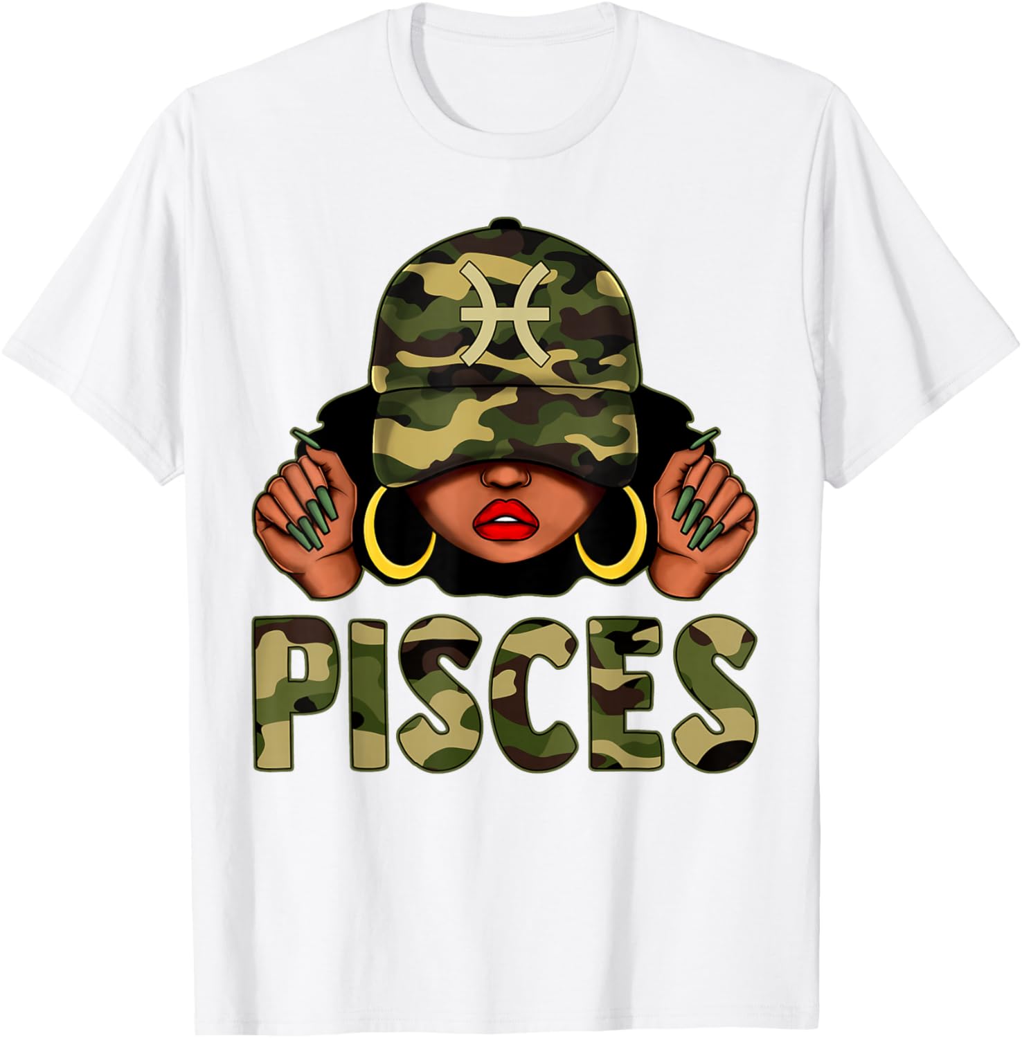 Pisces Queen Camo Cap and Afro Girl Zodiac T-Shirt for Black Women - 13