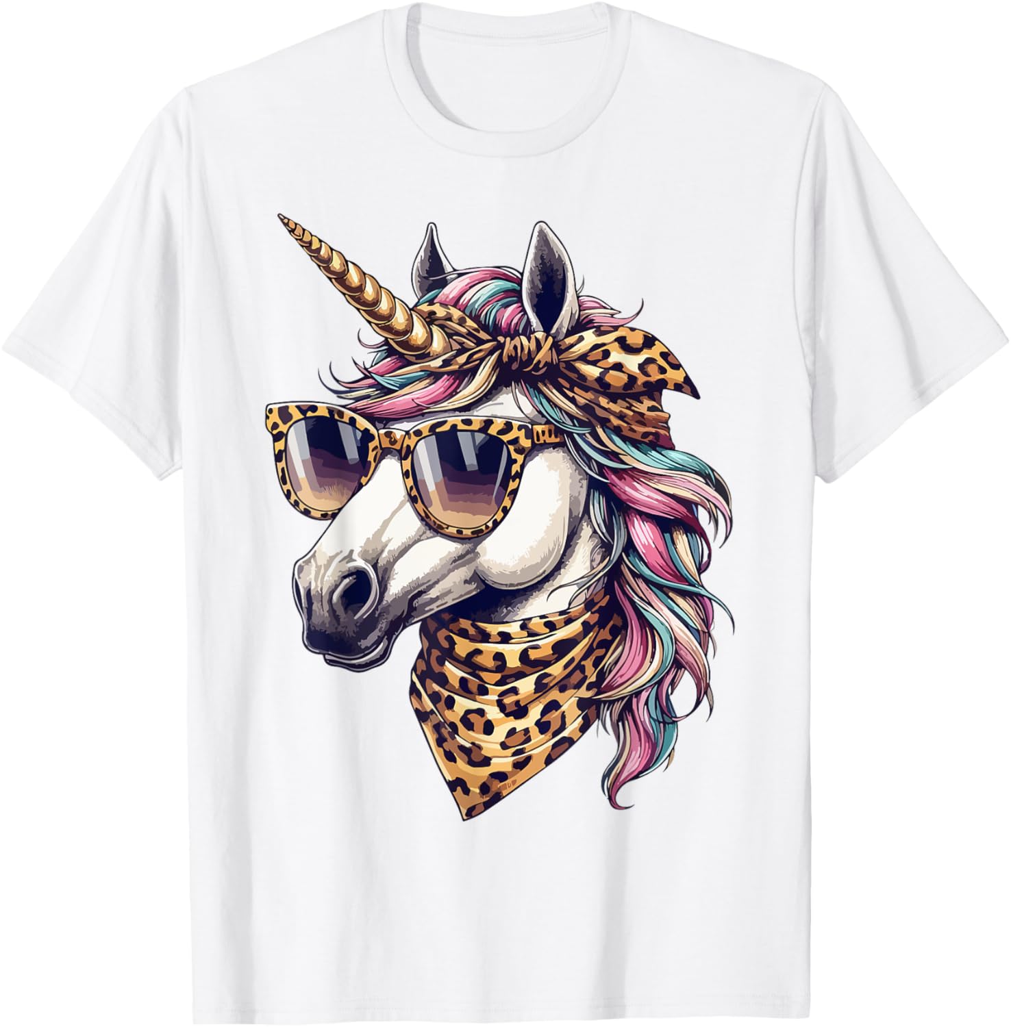 Whimsical Unicorn in Leopard Scarf and Sunglasses T-Shirt for Fun Style - 15