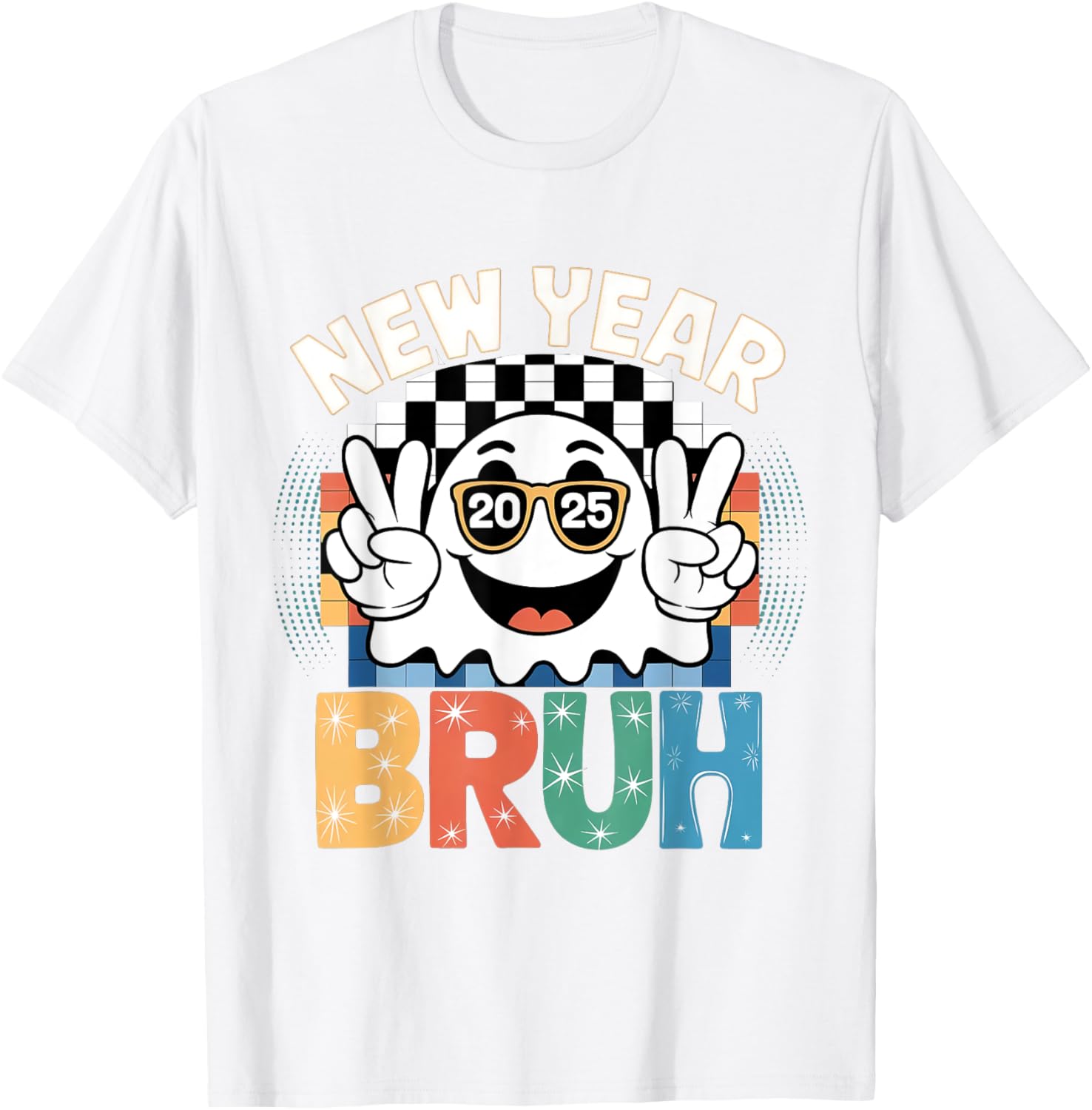 Cute Boo Ghost Happy New Year 2025 Vibes Funny Retro T-Shirt - 21