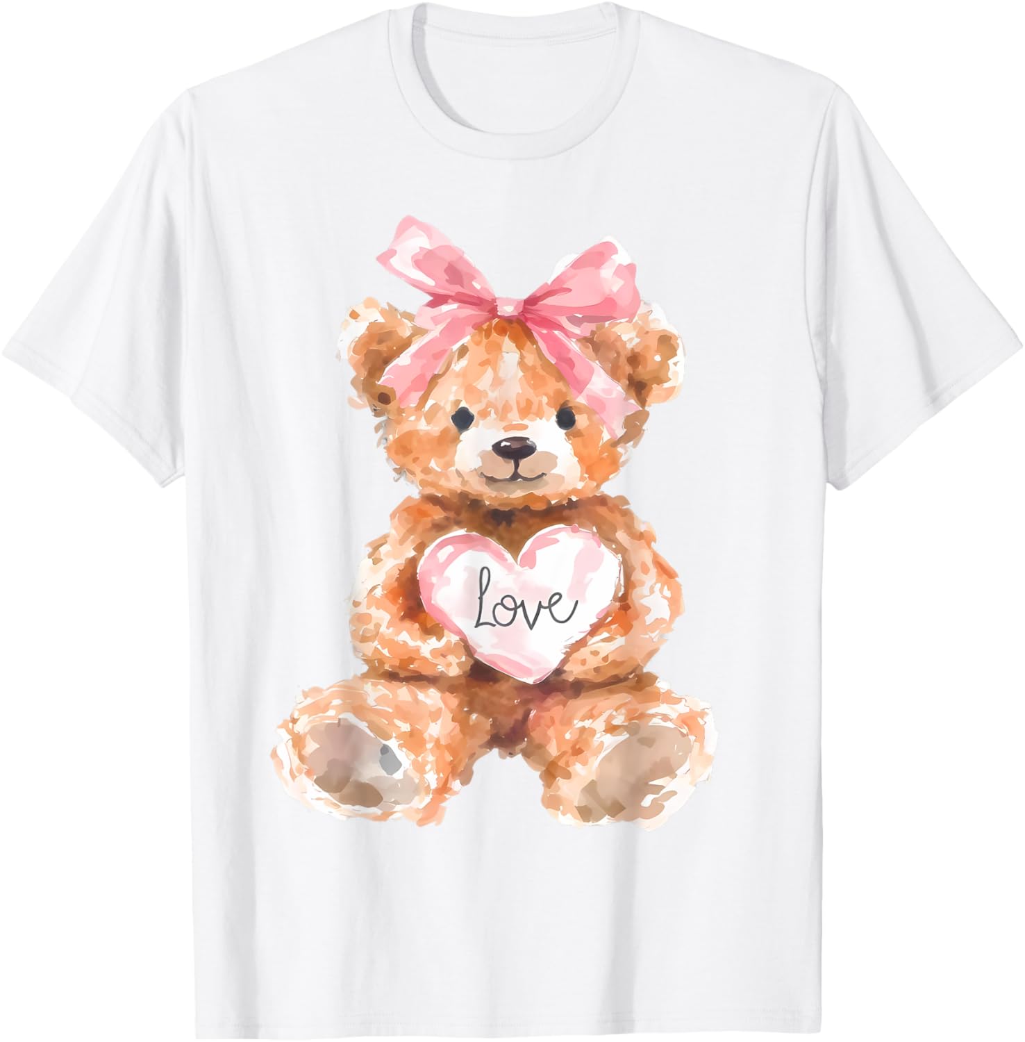 Watercolor Bear with Pink Bow Cute Valentine T-Shirt for Women and Girls - 7