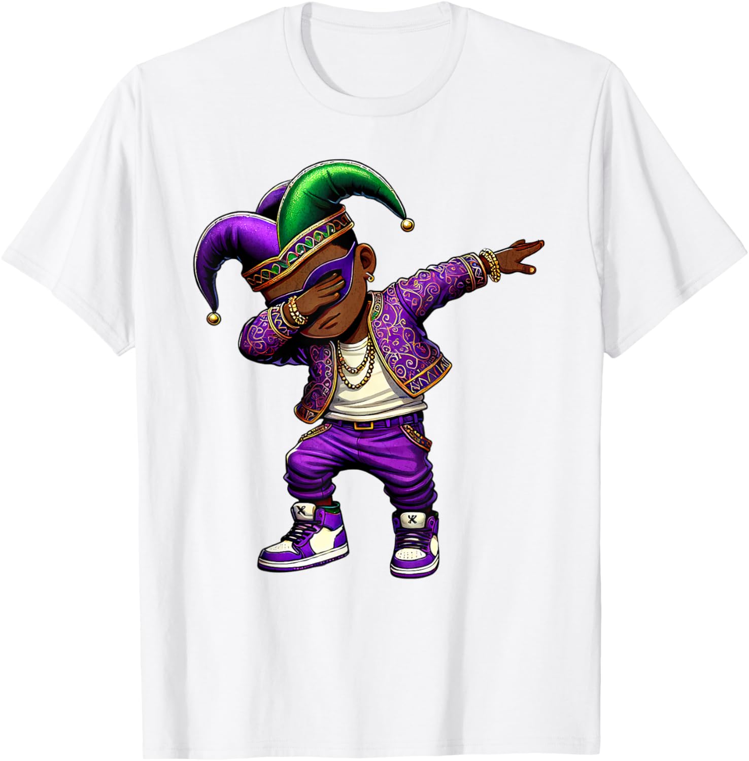 Funny Mardi Gras Jester Hat T-Shirt for Black Kids - Dabbing Boy Design - 11