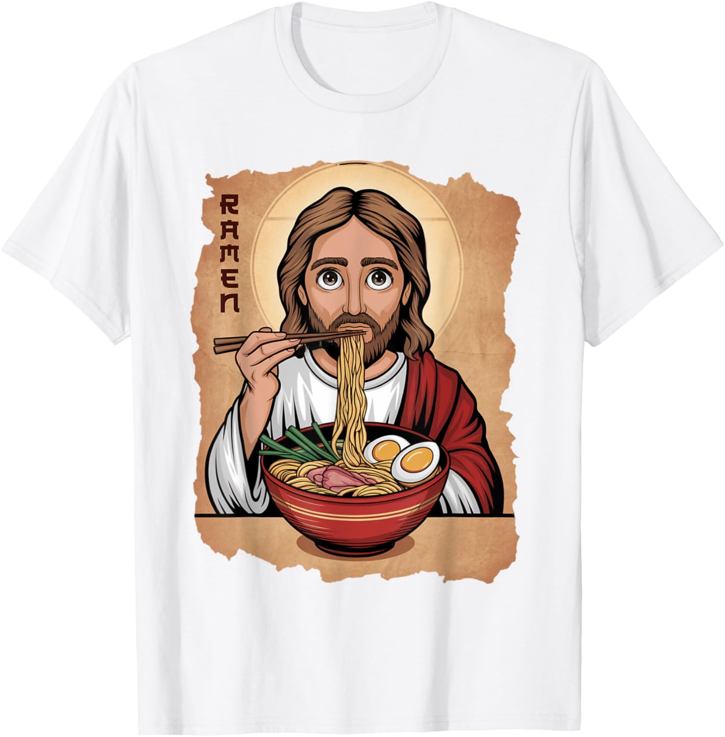 Cute Jesus Eating Ramen Noodles T-Shirt with Ocean Waves Japanese Art - 19