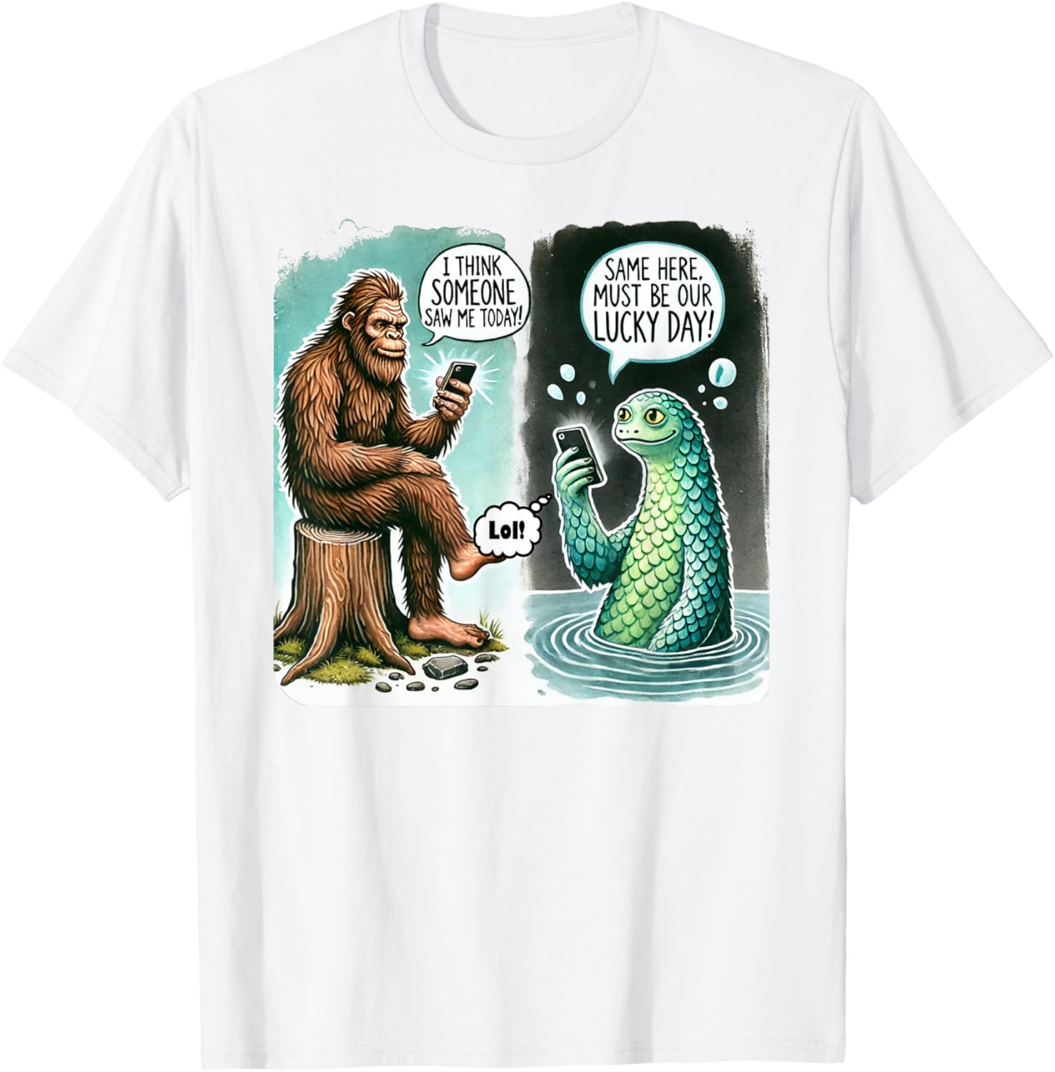 Funny Bigfoot Texting Nessie T-Shirt - I Think Someone Saw Me Today - 3