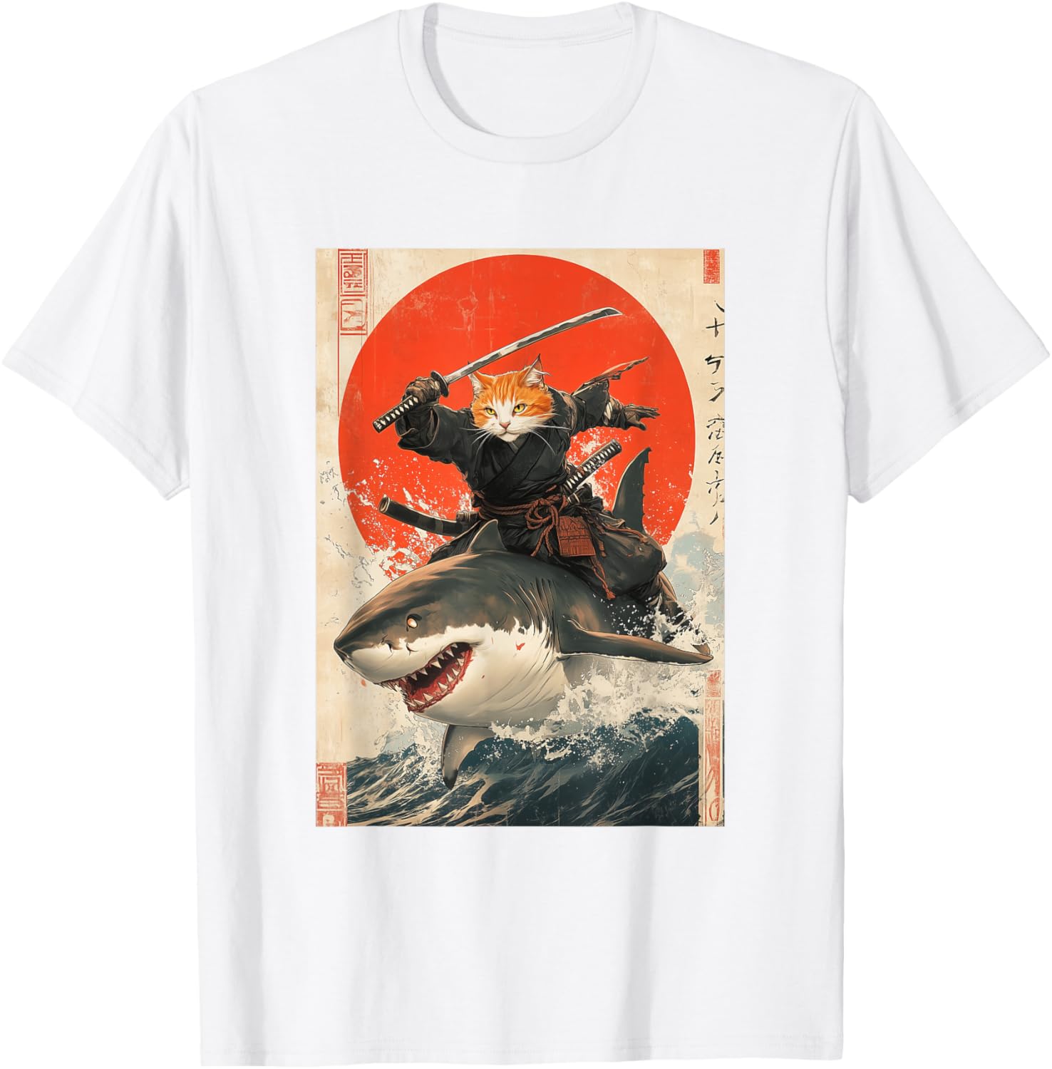 Ninja Cat Riding Shark Graphic Tee Cute Japanese Style T-Shirt for Cat Lovers - 17