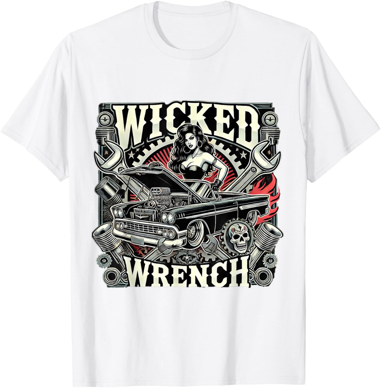 Hot Rod Wrench Lady Flames Pistons T-Shirt for Car Enthusiasts - 8