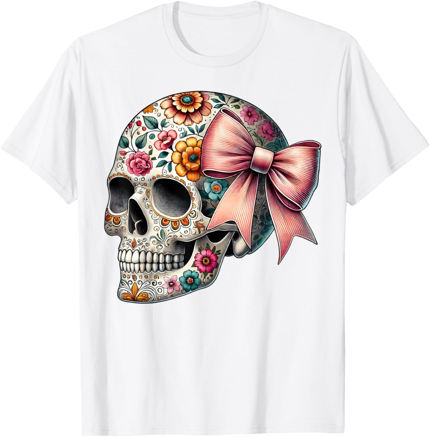 Floral Sugar Skull T-Shirt for Girls and Women - Stylish Flower Design - 9