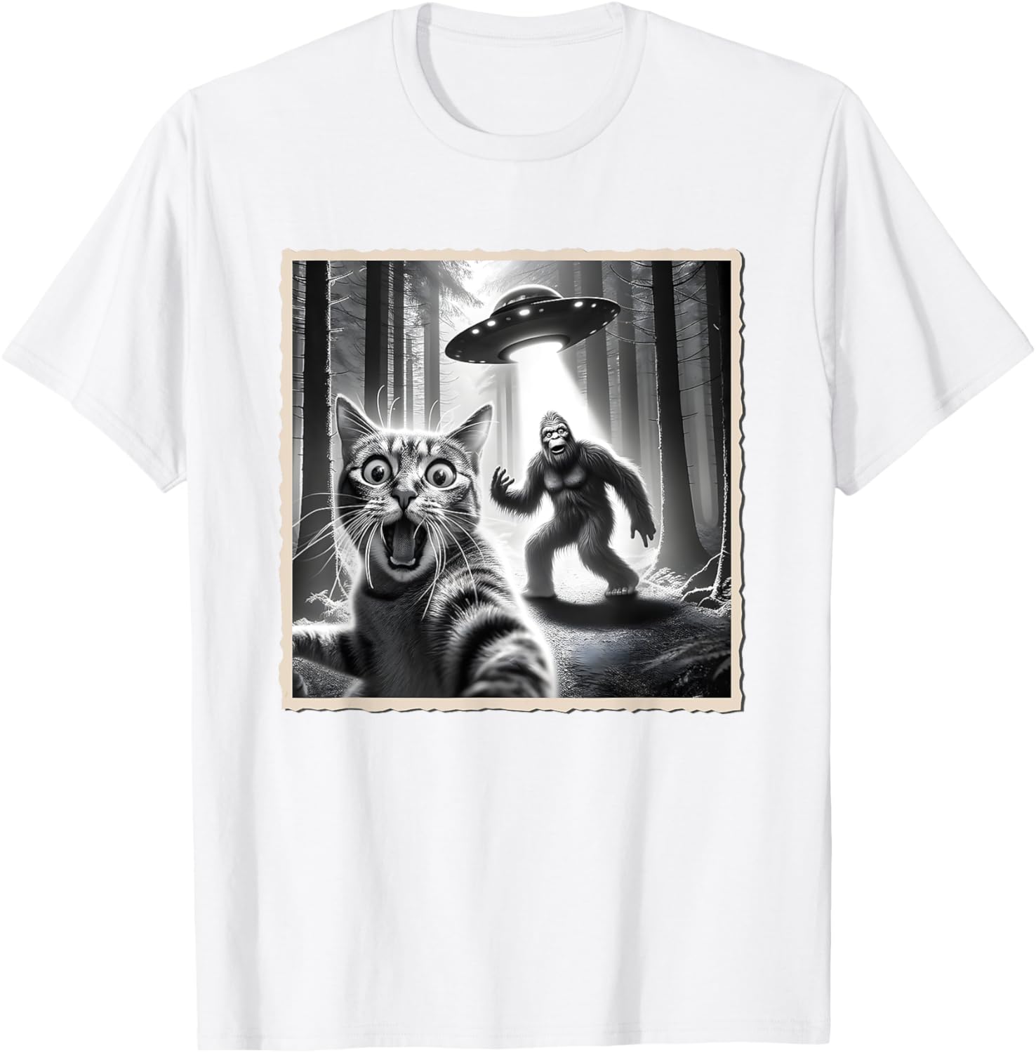 Funny Cat Selfie with Bigfoot and UFO T-Shirt for Animal Lovers - 22