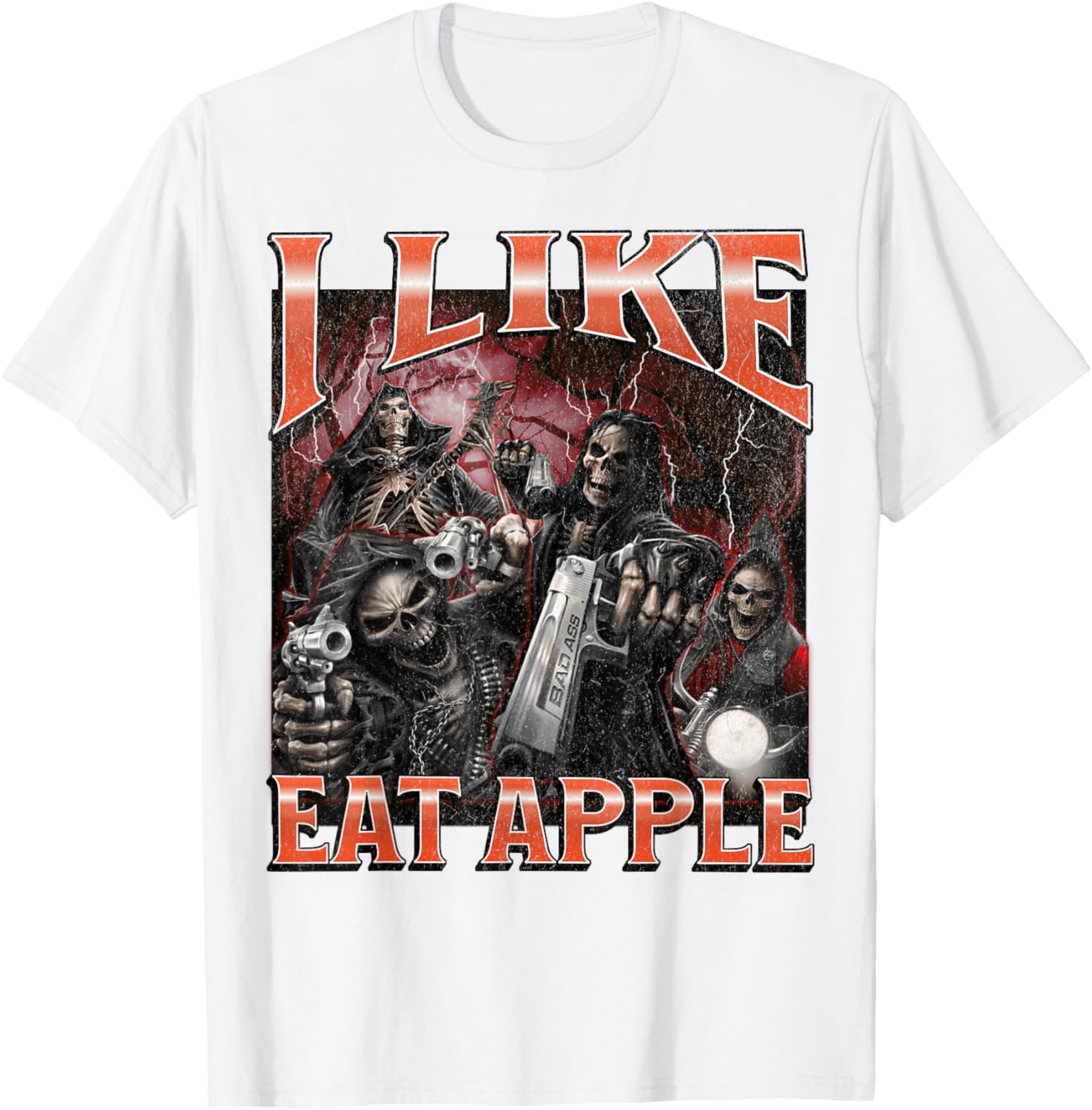 Funny I Like Eat Apple Skeleton Meme Graphic T-Shirt for Casual Wear - 4