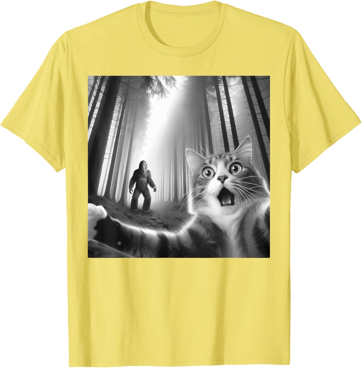 Funny Scared Cat Bigfoot Selfie T-Shirt for Men, Women, and Kids - 1