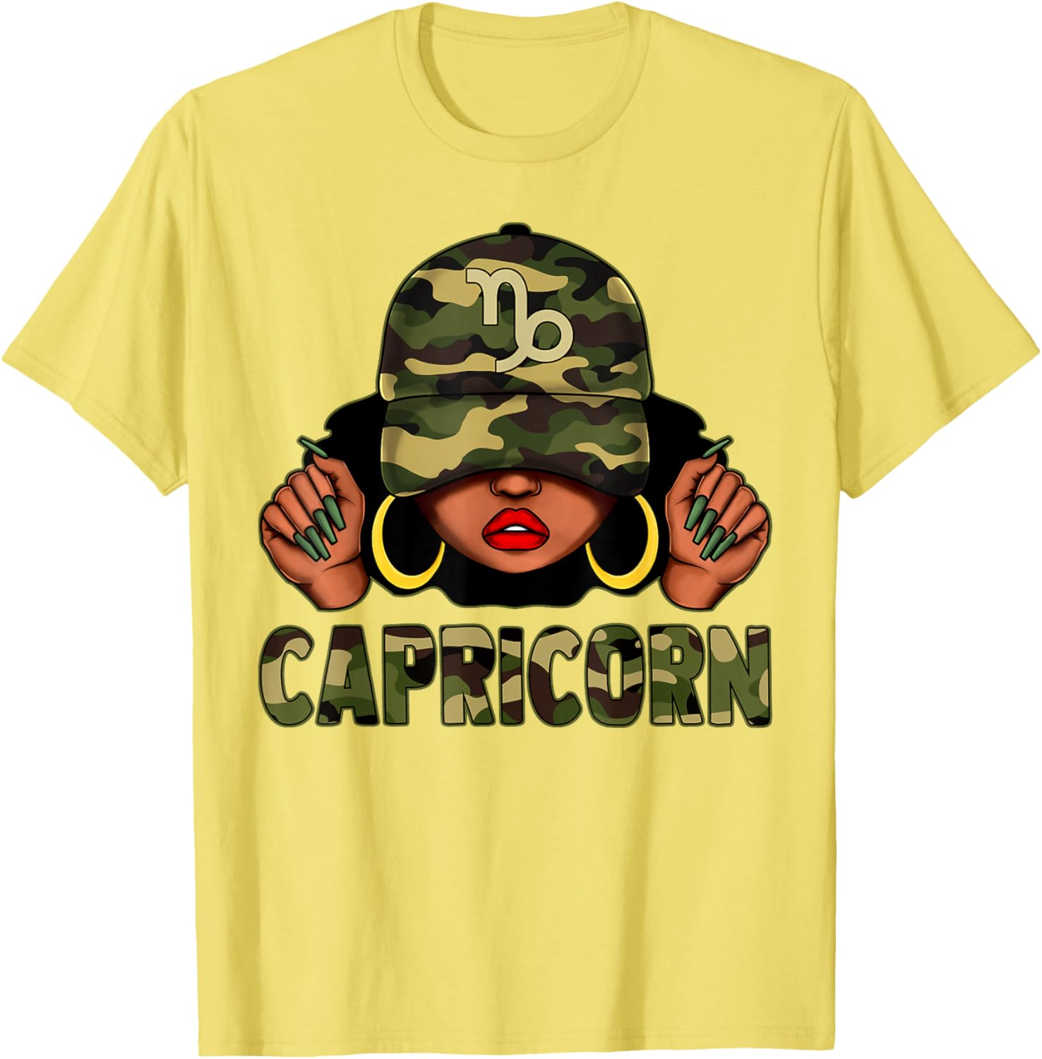 Capricorn Queen Black Woman with Camo Cap Afro Zodiac T-Shirt - 1