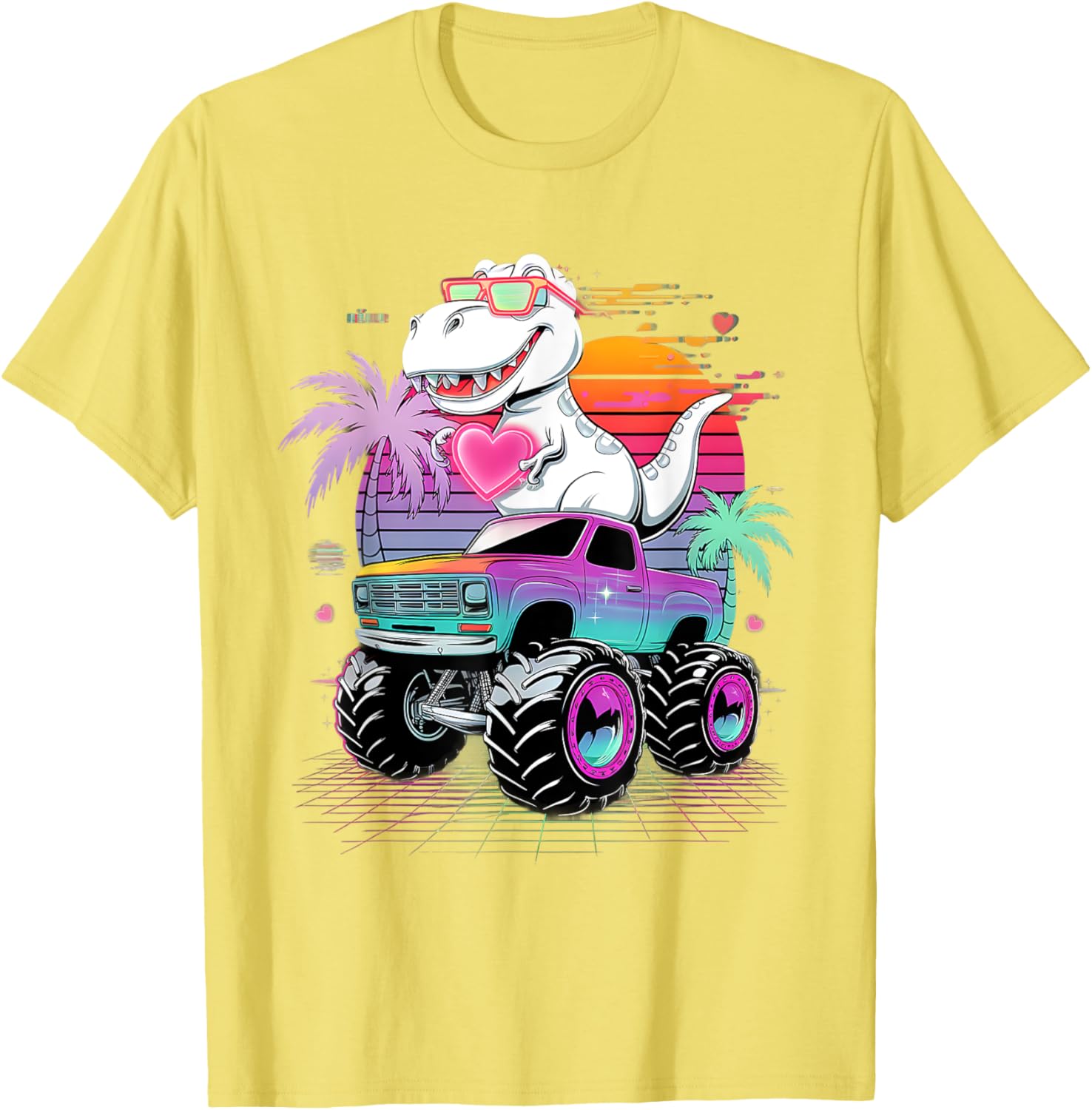 Valentine's Day T-Rex Monster Truck Vaporwave Kids T-Shirt for Boys - 20