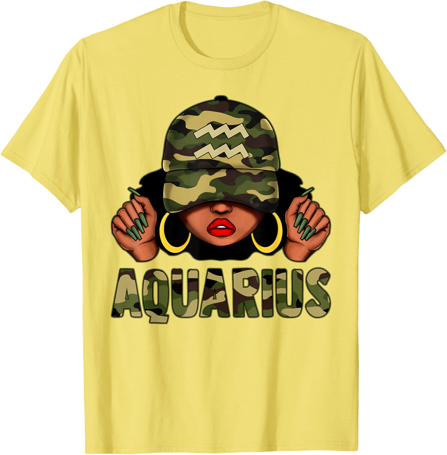 Aquarius Queen Black Woman Camo Afro T-Shirt Stylish Zodiac Apparel - 20