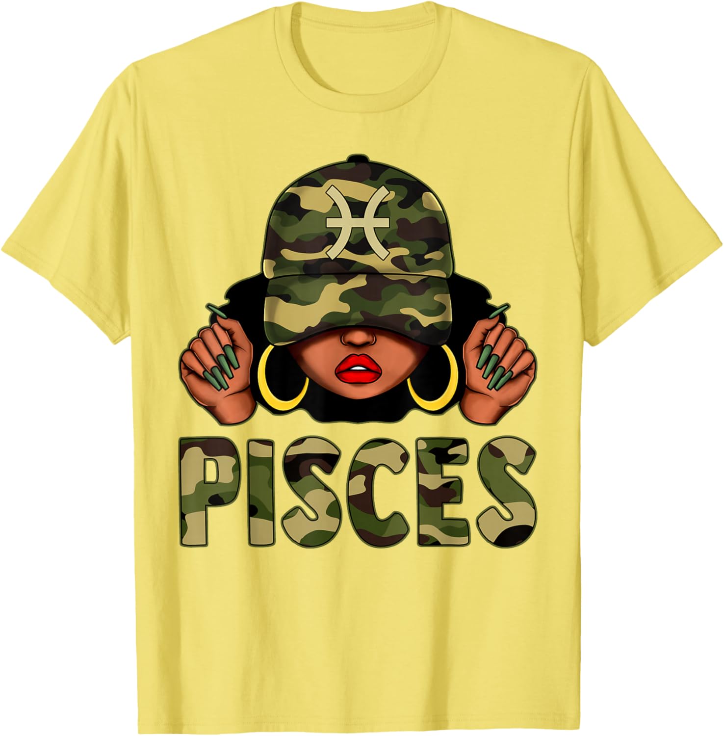 Pisces Queen Camo Cap and Afro Girl Zodiac T-Shirt for Black Women - 14