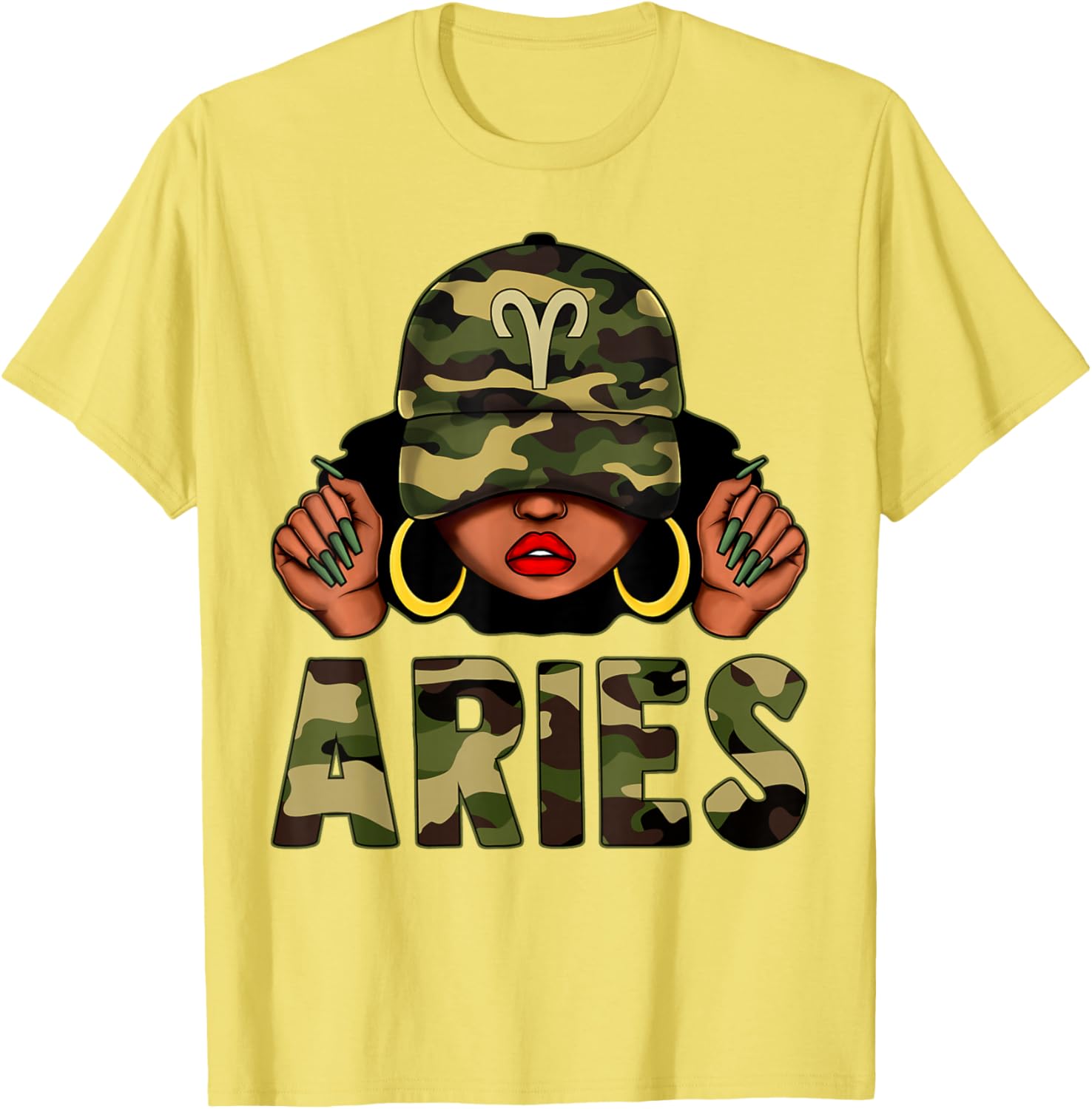 Aries Queen Black Woman Wearing Camo Cap Afro Zodiac T-Shirt - 12