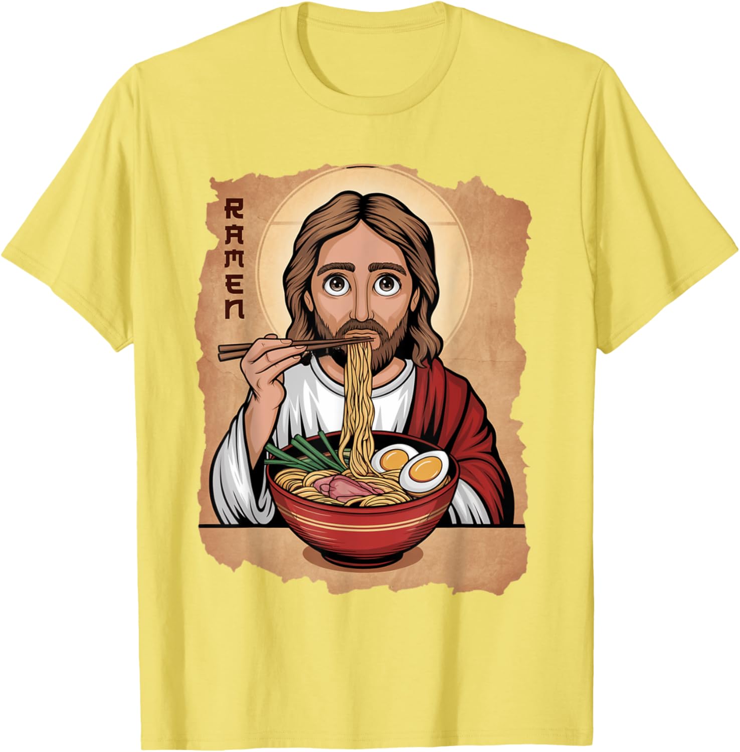 Cute Jesus Eating Ramen Noodles T-Shirt with Ocean Waves Japanese Art - 6