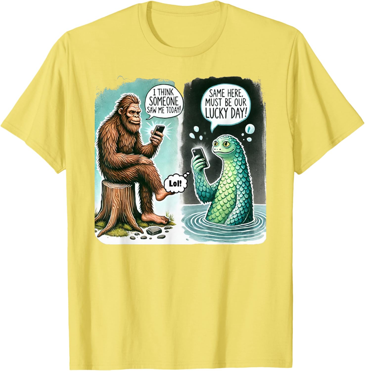 Funny Bigfoot Texting Nessie T-Shirt - I Think Someone Saw Me Today - 26