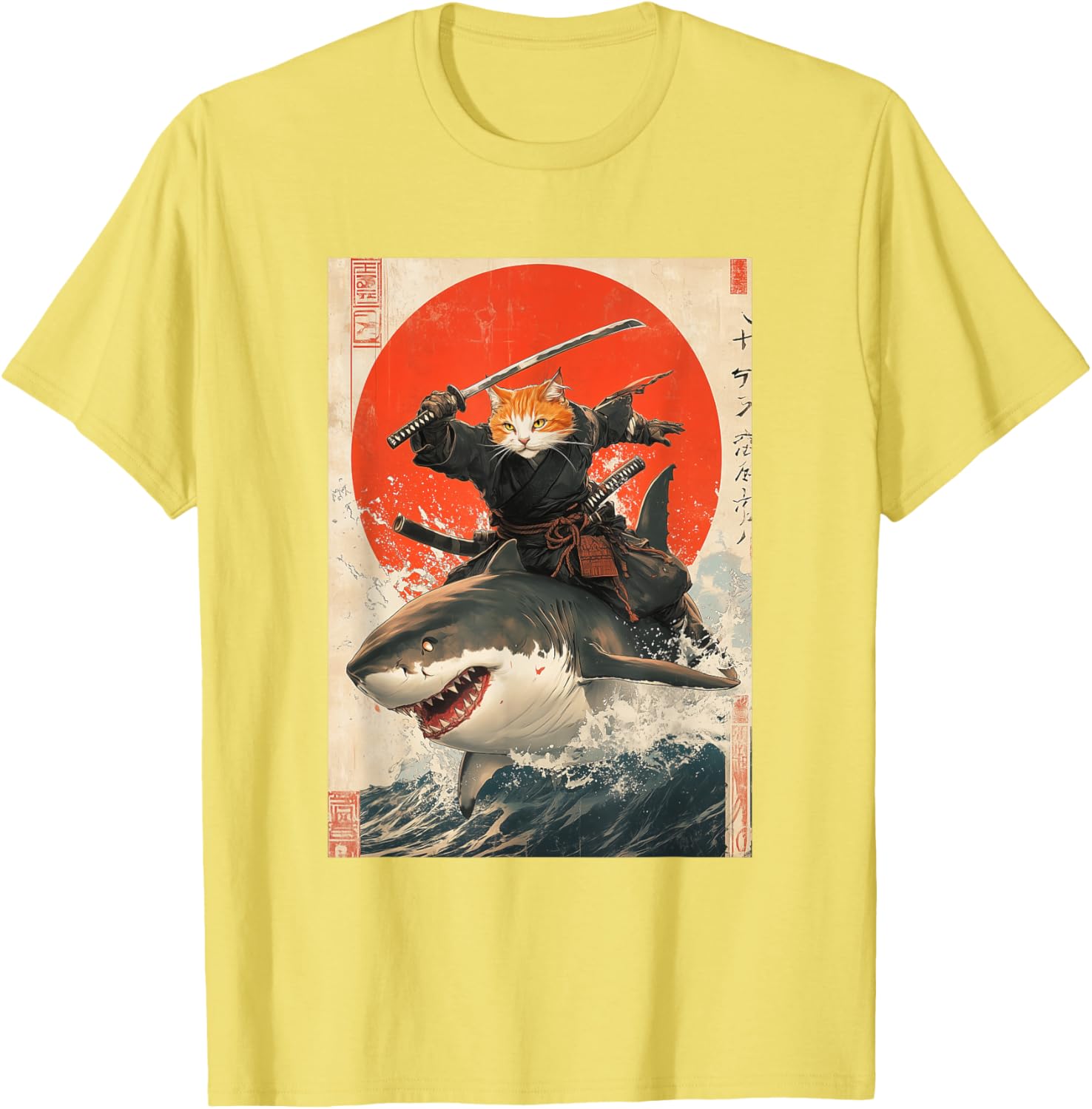 Ninja Cat Riding Shark Graphic Tee Cute Japanese Style T-Shirt for Cat Lovers - 25
