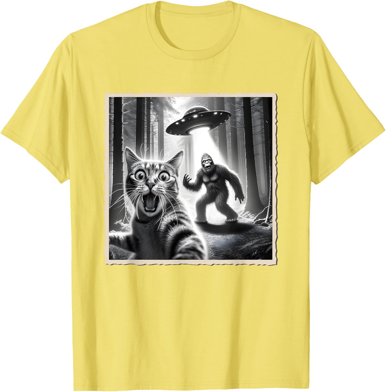 Funny Cat Selfie with Bigfoot and UFO T-Shirt for Animal Lovers - 16