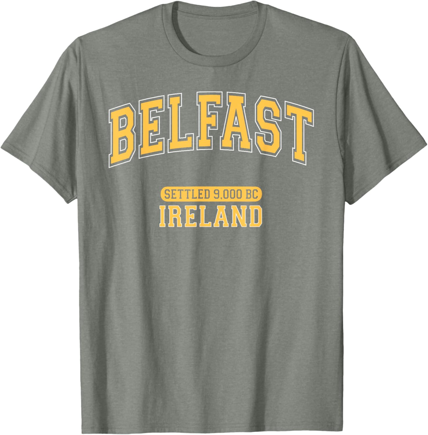 Retro Belfast Ireland 9000 BC Arched Yellow Letters T-Shirt for Trendy Style - 13