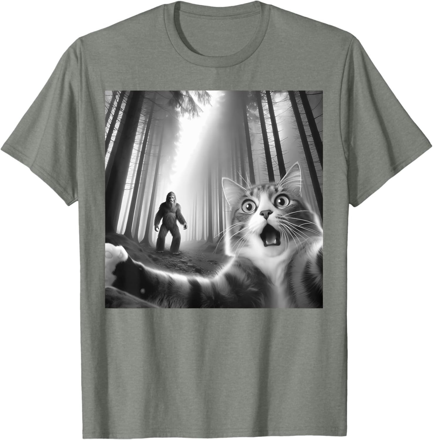 Funny Scared Cat Bigfoot Selfie T-Shirt for Men, Women, and Kids - 13
