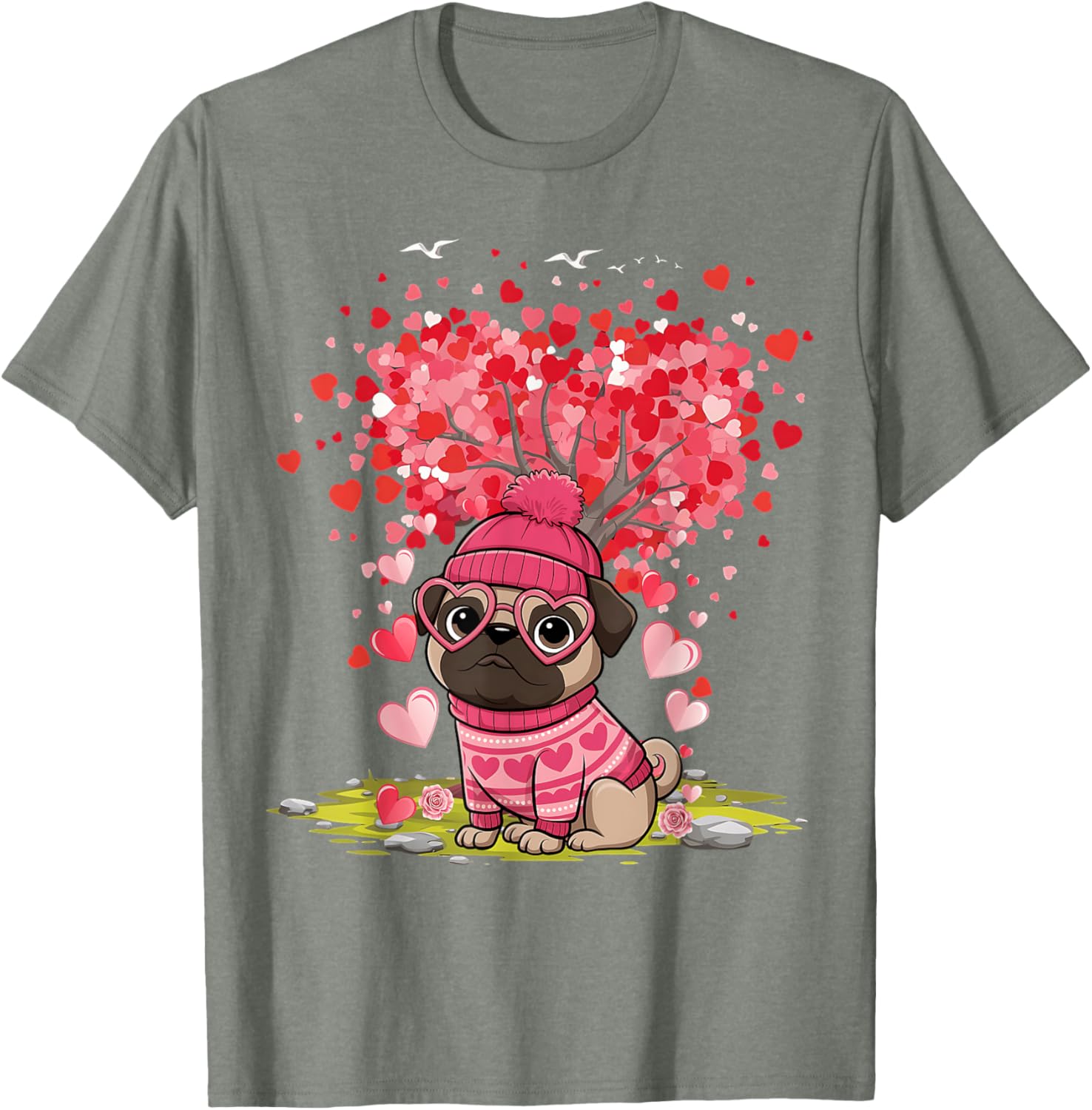 Pug Heart Tree Tee - Adorable Dog Lover Valentine's Day T-Shirt - 12