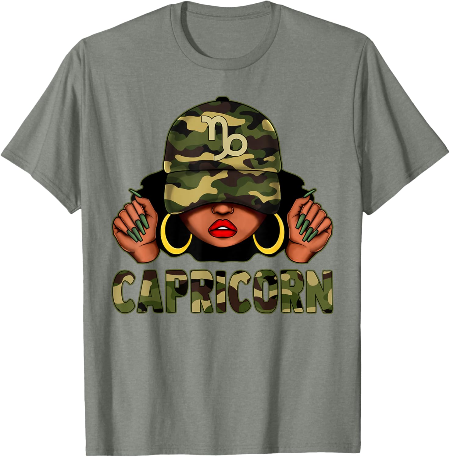 Capricorn Queen Black Woman with Camo Cap Afro Zodiac T-Shirt - 17