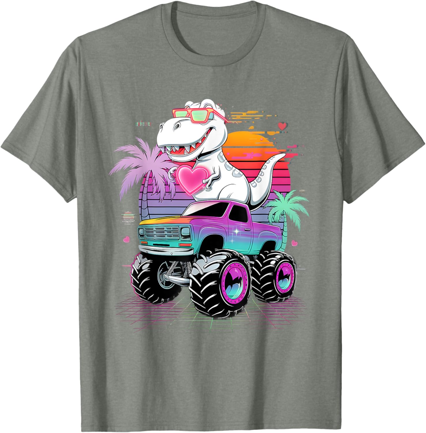 Valentine's Day T-Rex Monster Truck Vaporwave Kids T-Shirt for Boys - 21