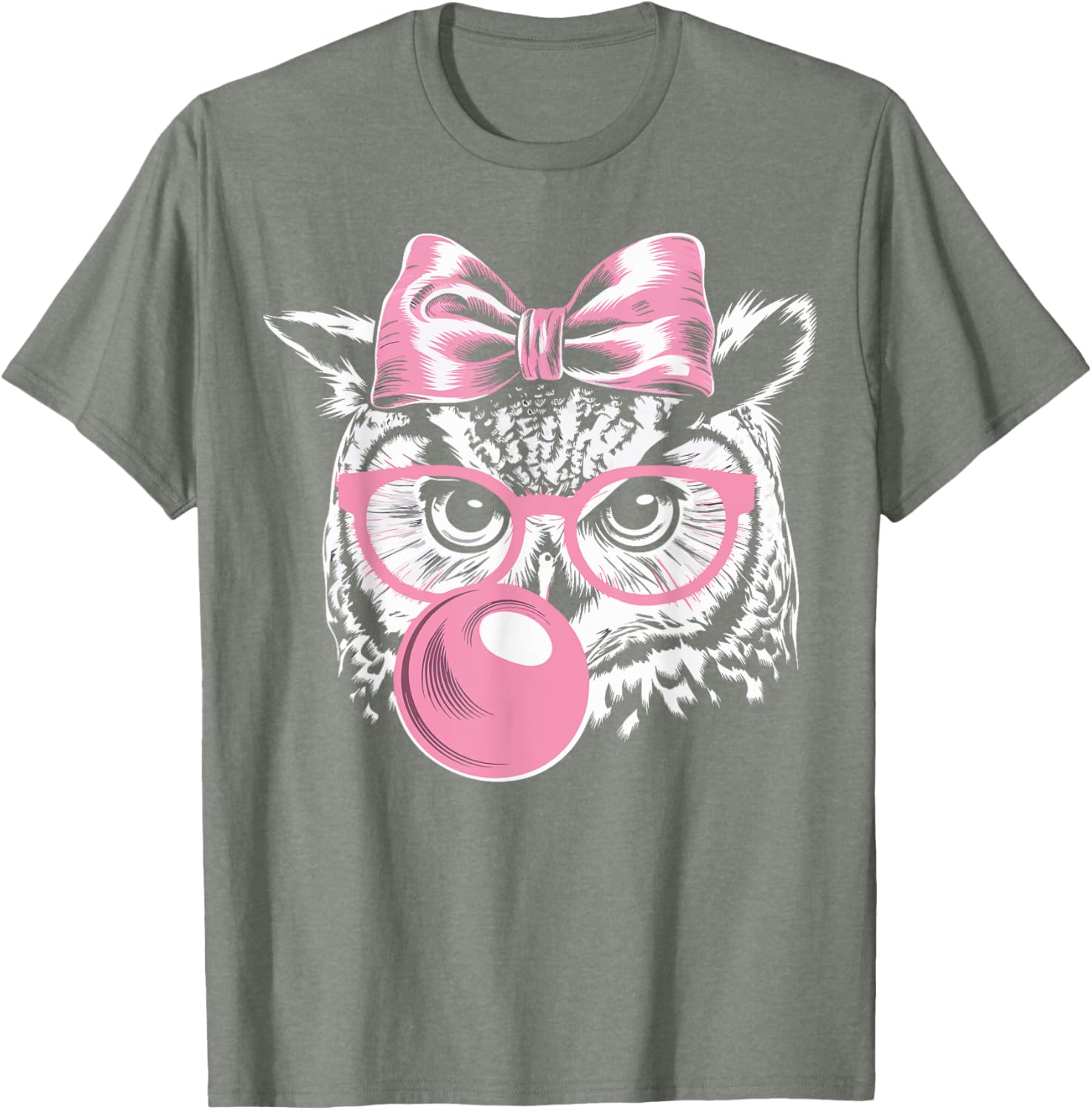 Cute Owl T-Shirt with Glasses Blowing Pink Bubble Gum for Fun Fashion - 14