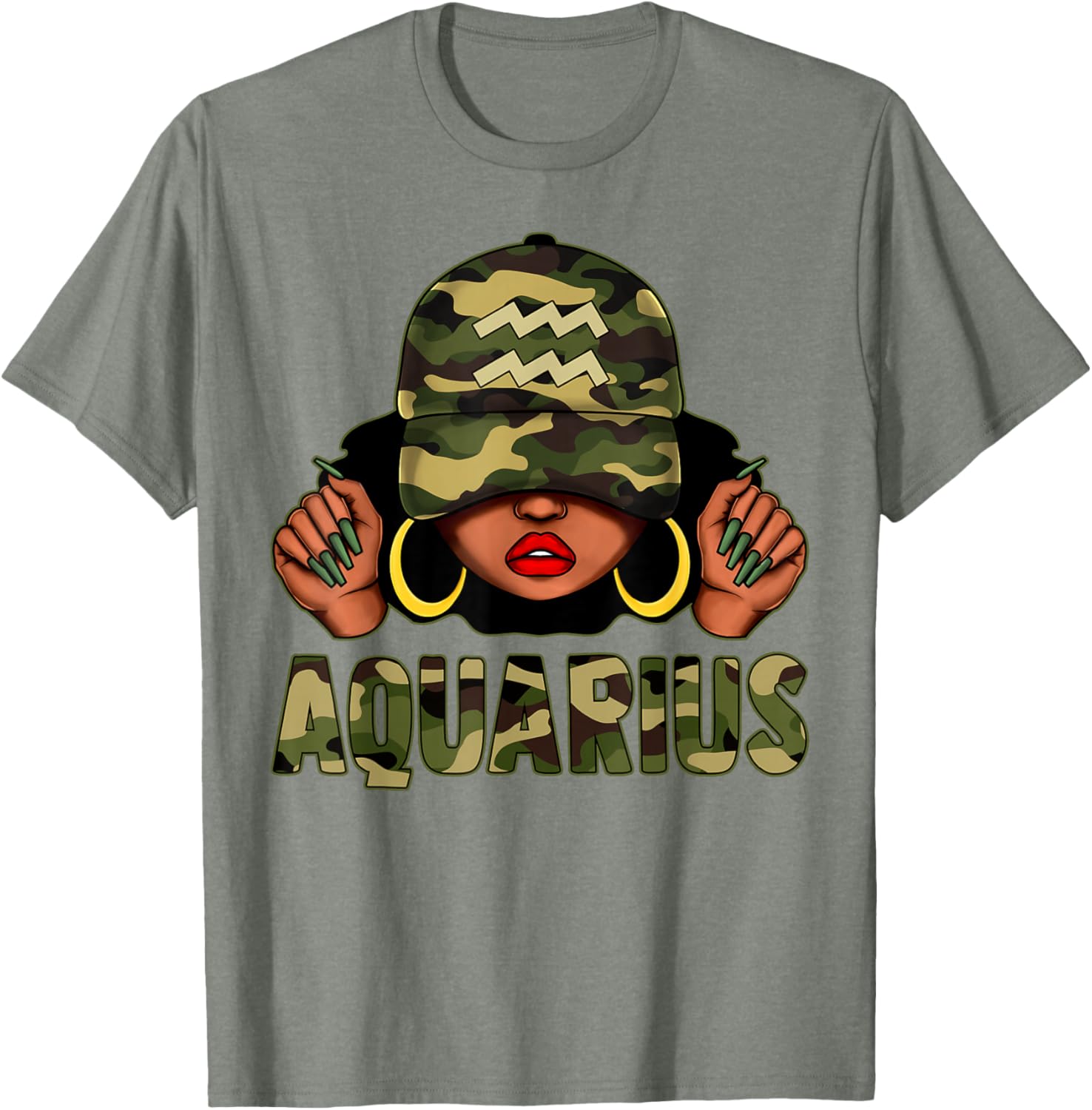 Aquarius Queen Black Woman Camo Afro T-Shirt Stylish Zodiac Apparel - 7