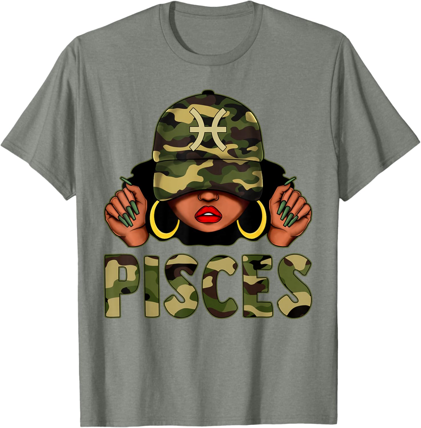 Pisces Queen Camo Cap and Afro Girl Zodiac T-Shirt for Black Women - 10