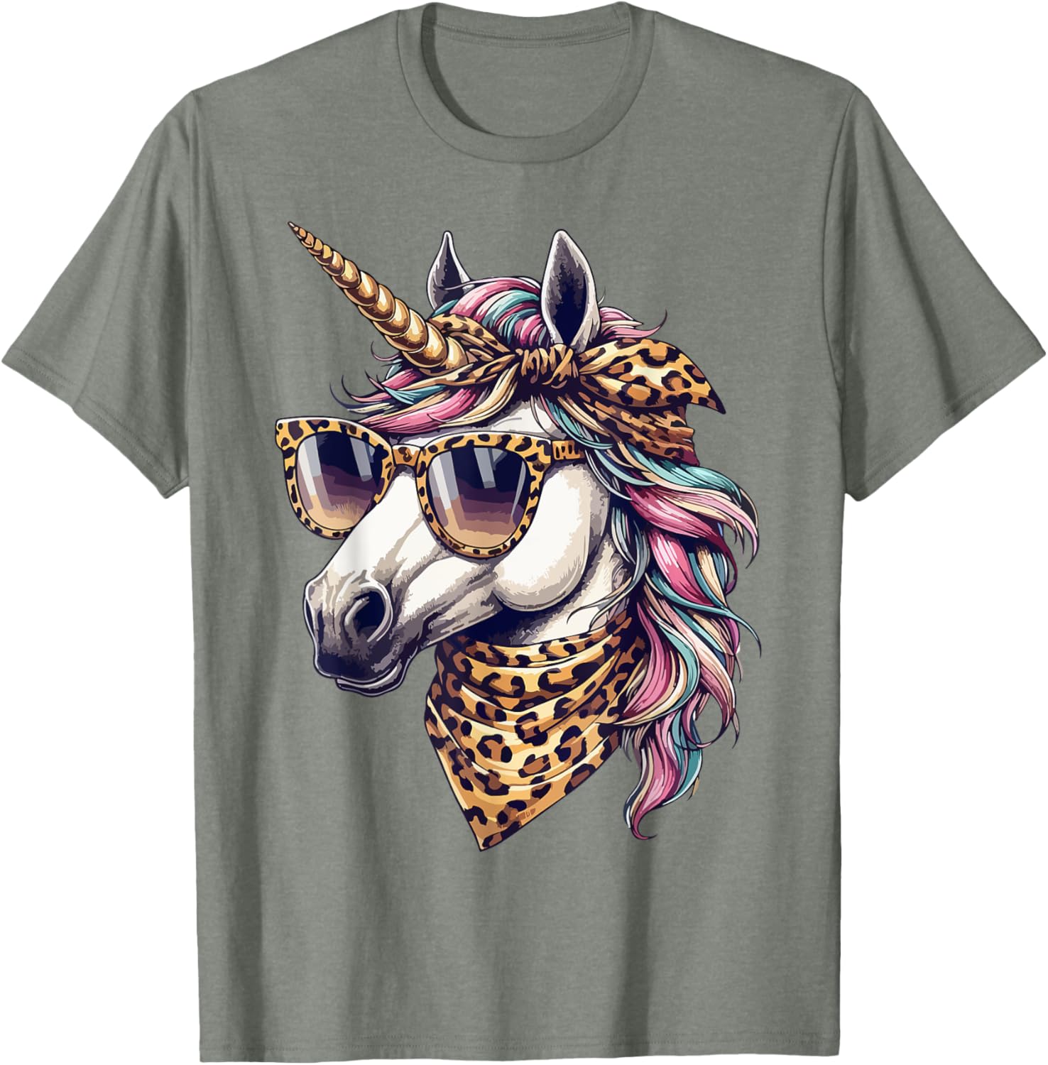 Whimsical Unicorn in Leopard Scarf and Sunglasses T-Shirt for Fun Style - 3