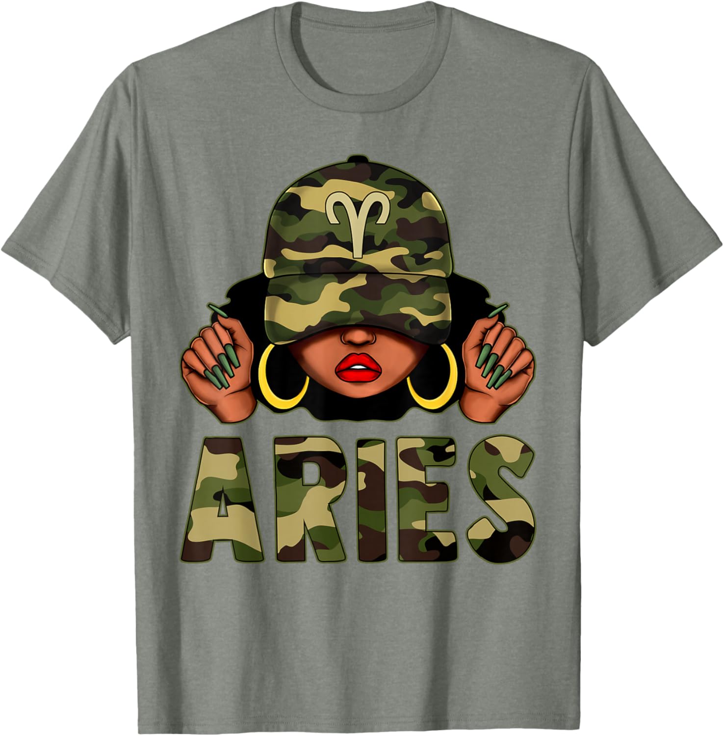 Aries Queen Black Woman Wearing Camo Cap Afro Zodiac T-Shirt - 8