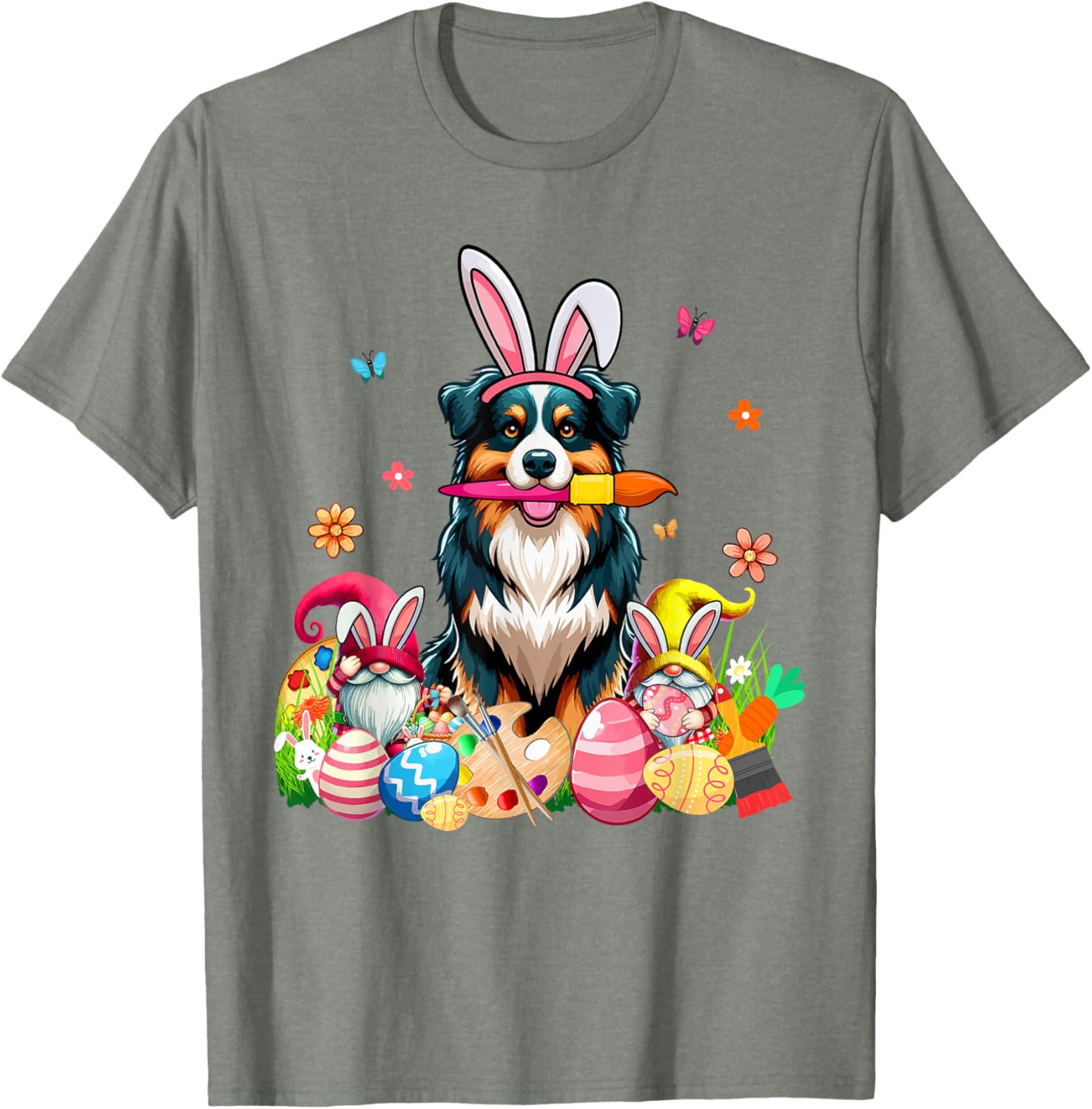 Cute Australian Shepherd Bunny Painting Easter Eggs Gnomes T-Shirt - 5