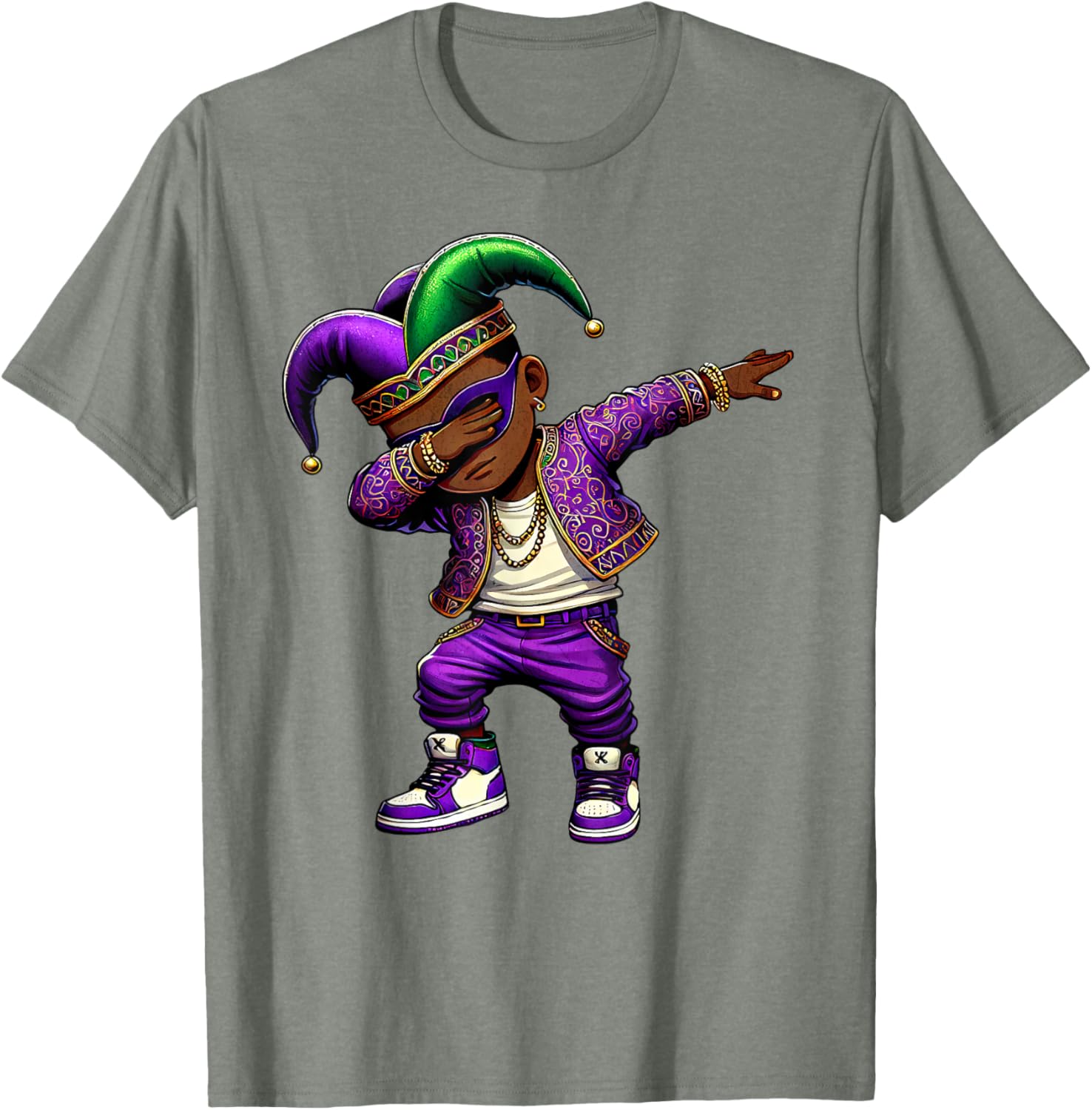 Funny Mardi Gras Jester Hat T-Shirt for Black Kids - Dabbing Boy Design - 15