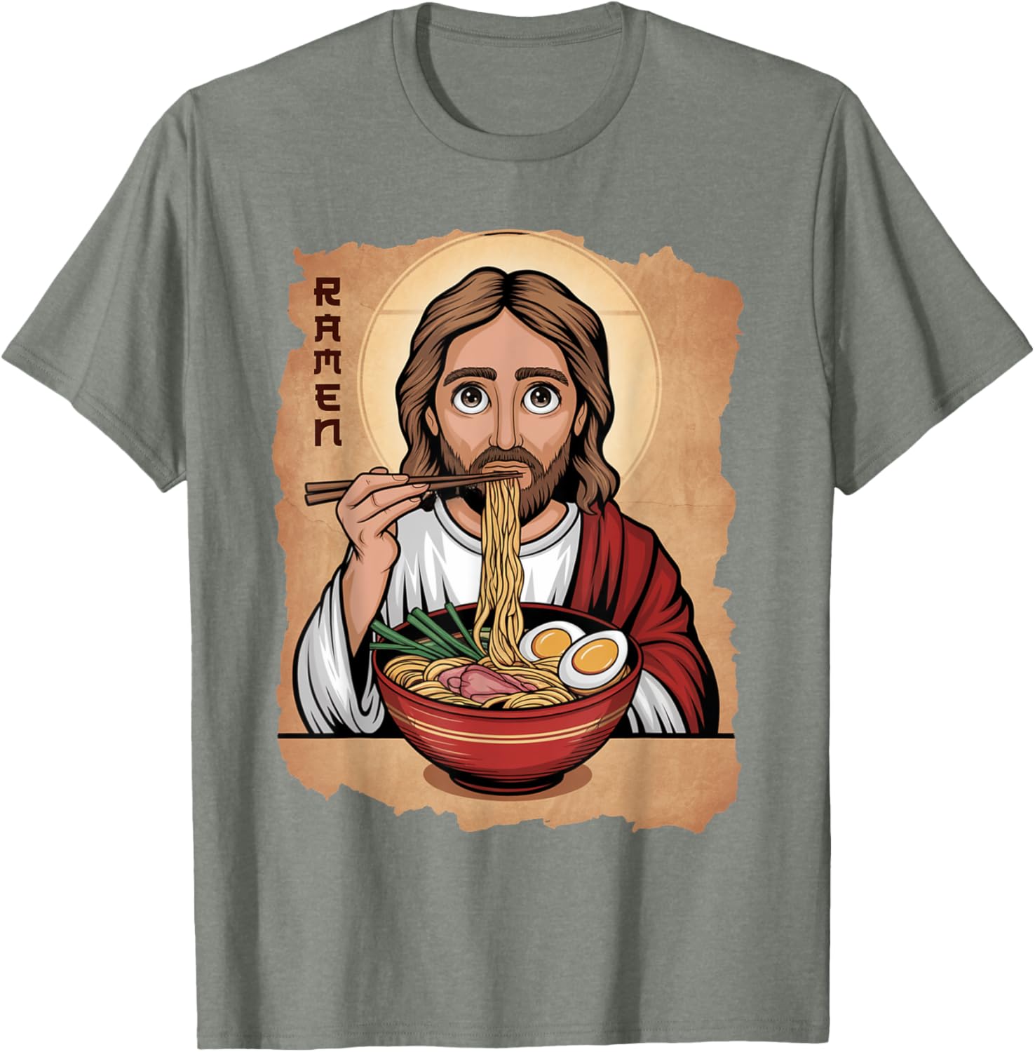 Cute Jesus Eating Ramen Noodles T-Shirt with Ocean Waves Japanese Art - 20