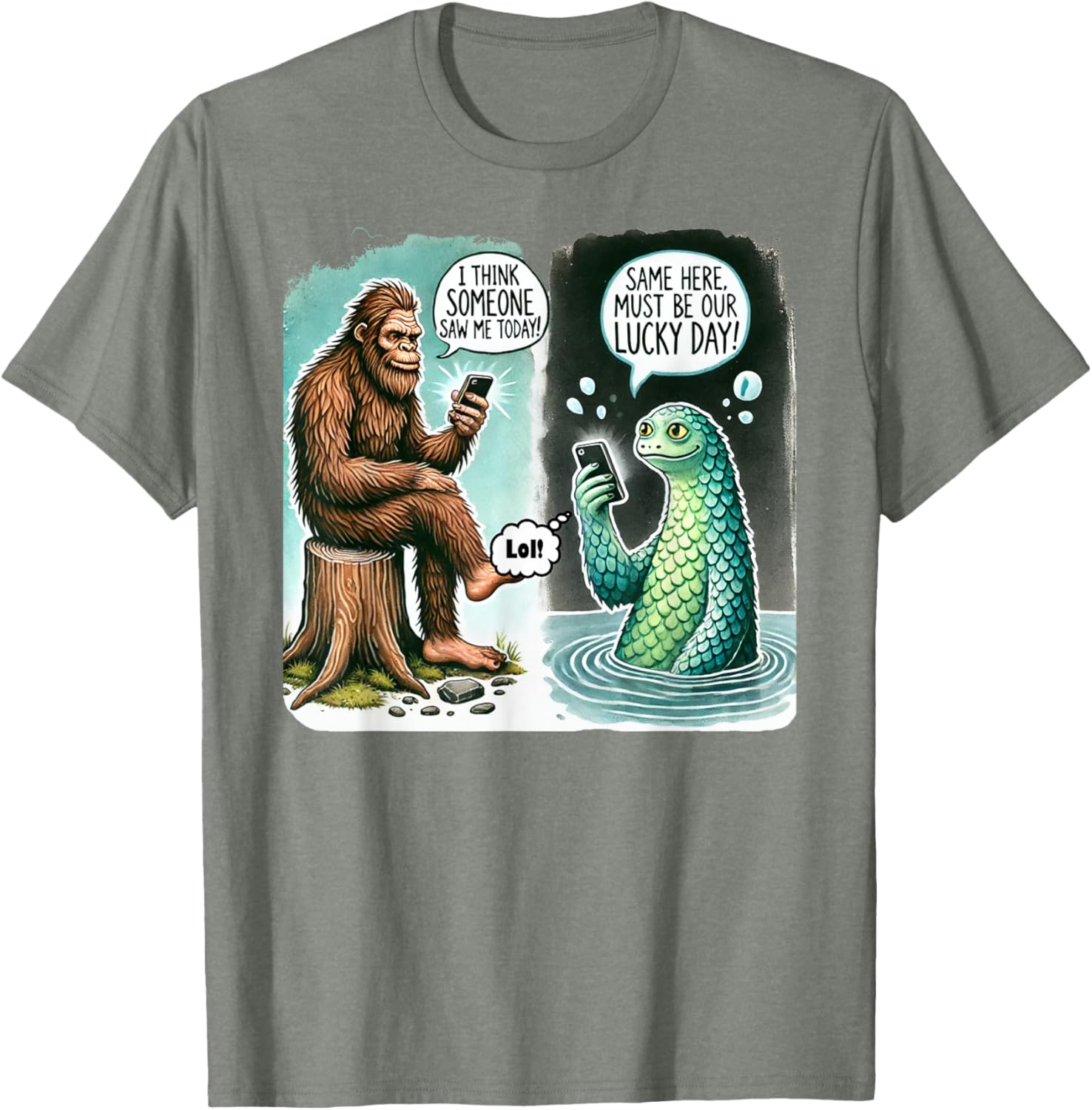 Funny Bigfoot Texting Nessie T-Shirt - I Think Someone Saw Me Today - 21